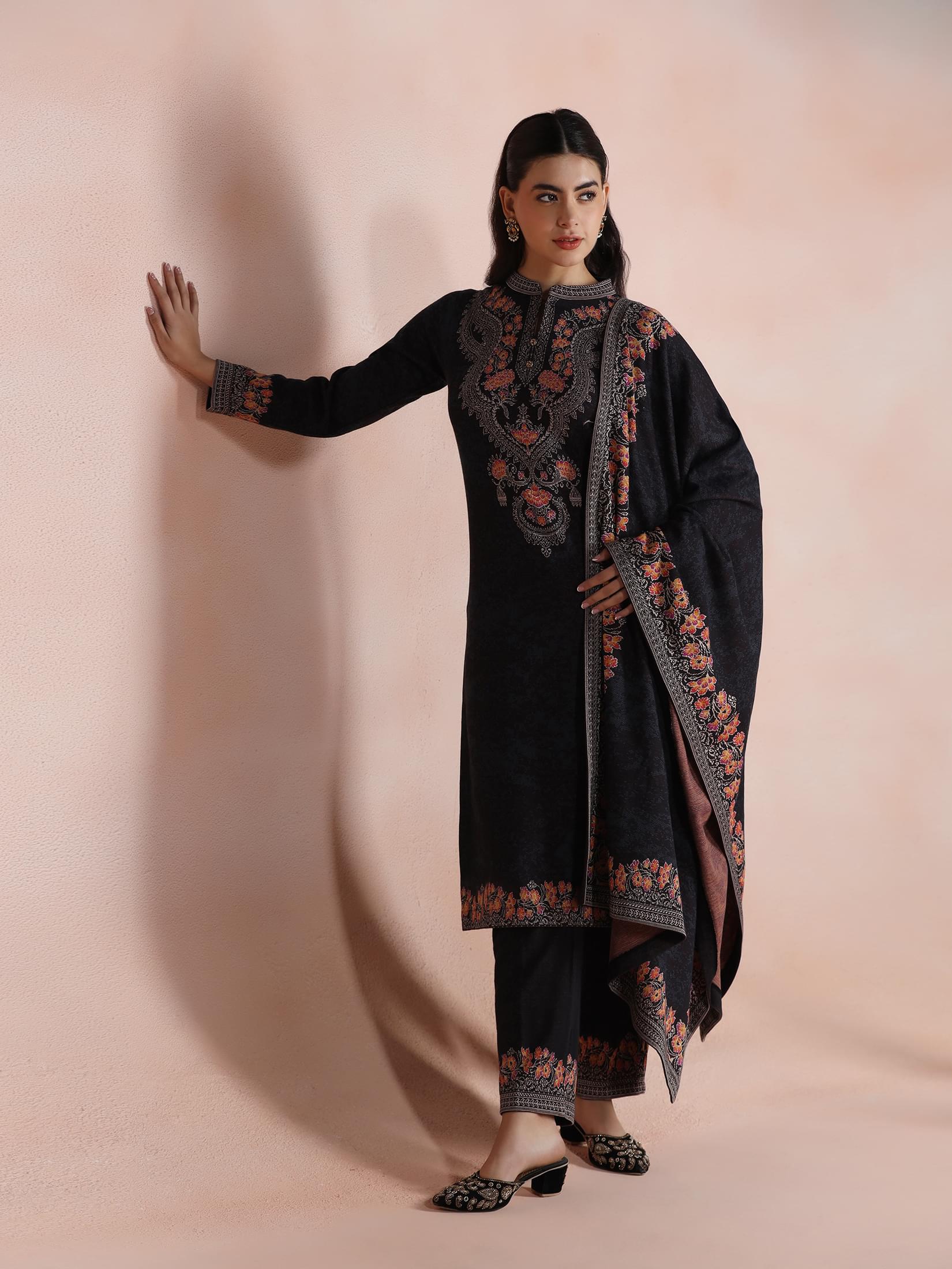 Winter Women Wool Blend Black Jacquard Kurta Comfort Pant Dupatta.