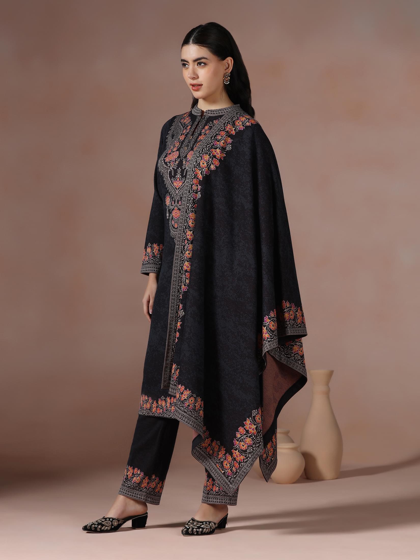 Winter Women Wool Blend Black Jacquard Kurta Comfort Pant Dupatta.