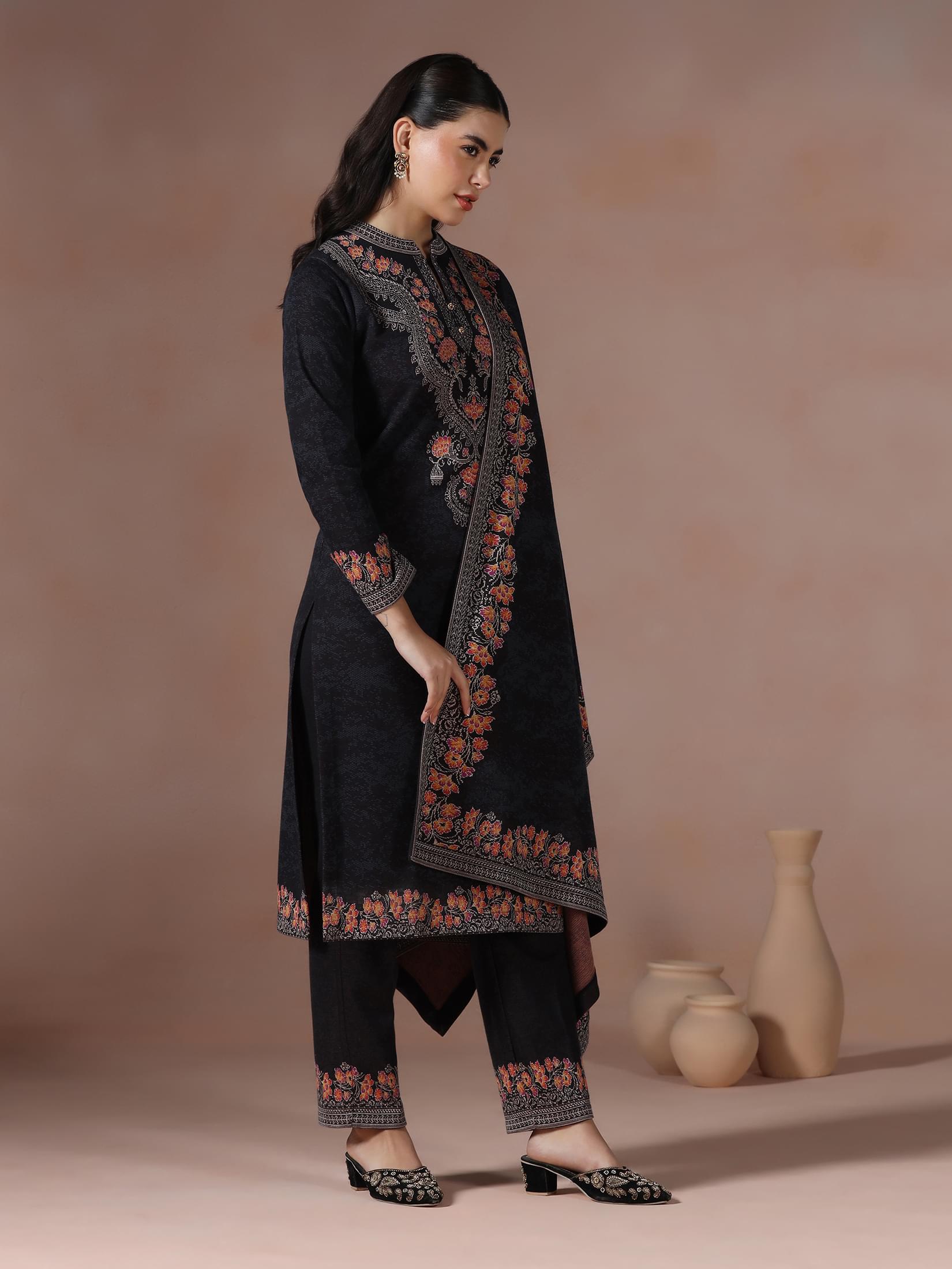 Winter Women Wool Blend Black Jacquard Kurta Comfort Pant Dupatta.