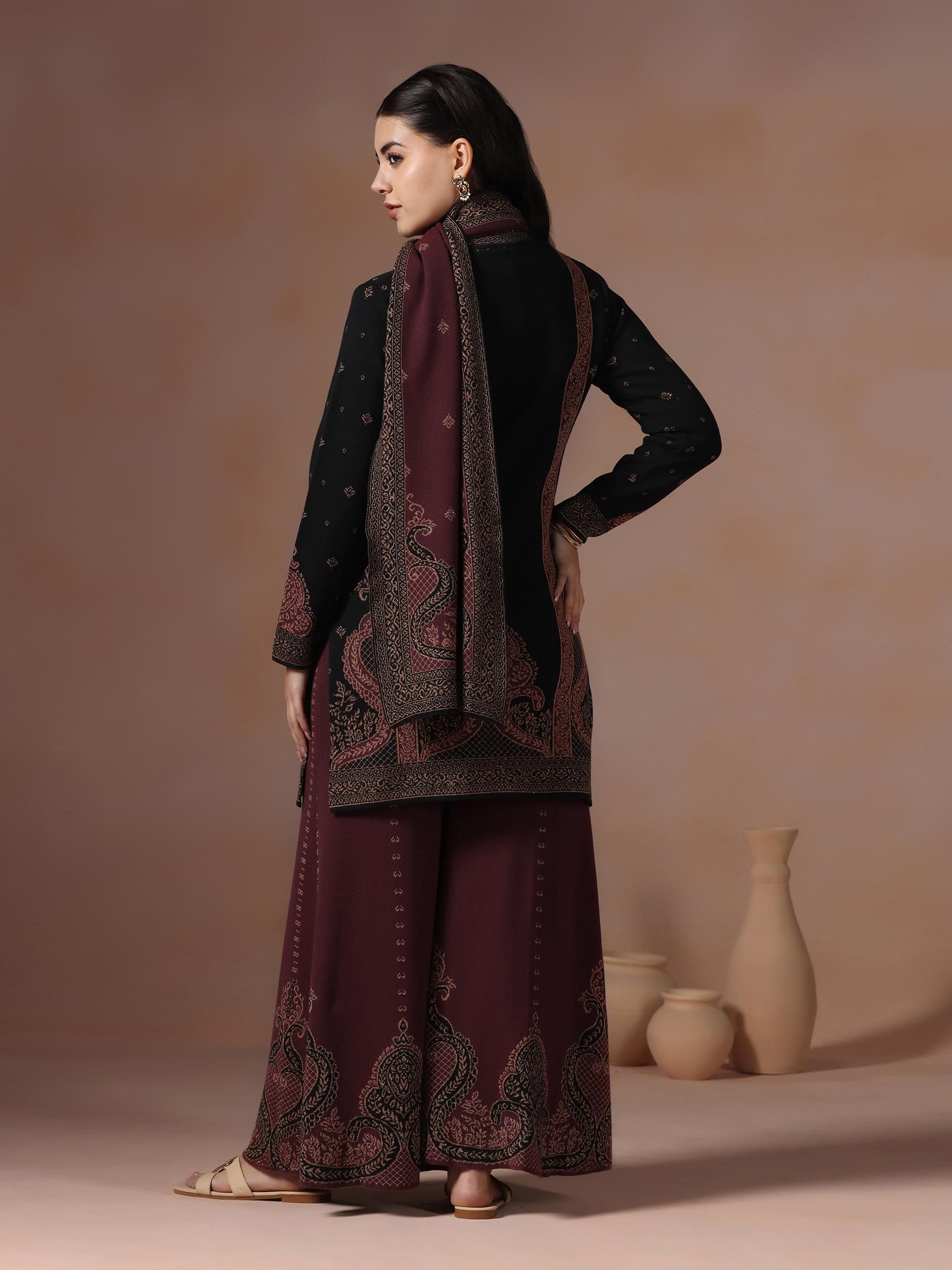 Winter Women Wool Blend Black & Maroon Jacquard Kurta Bell Bottom Dupatta.