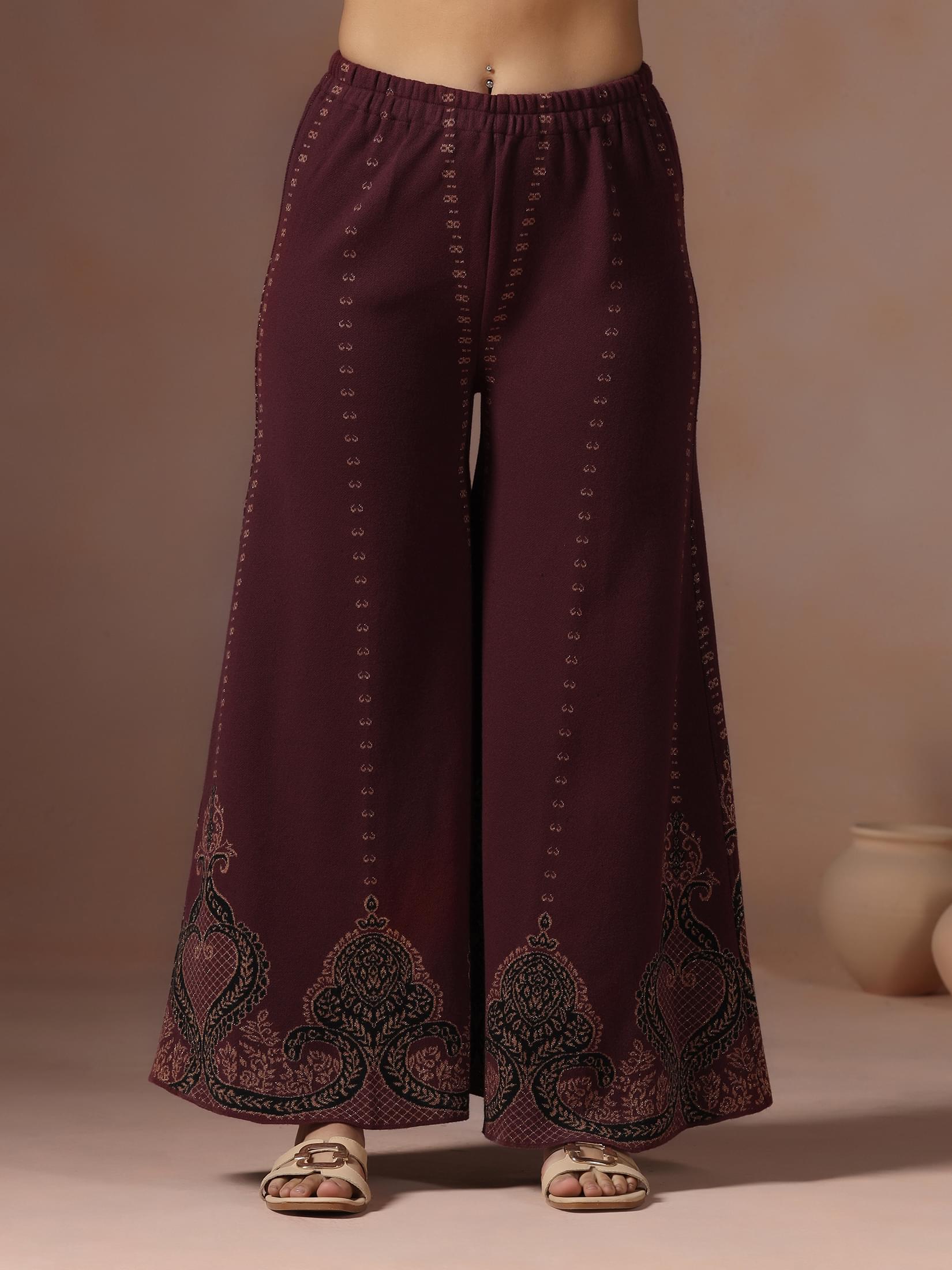 Winter Women Wool Blend Black & Maroon Jacquard Kurta Bell Bottom Dupatta.