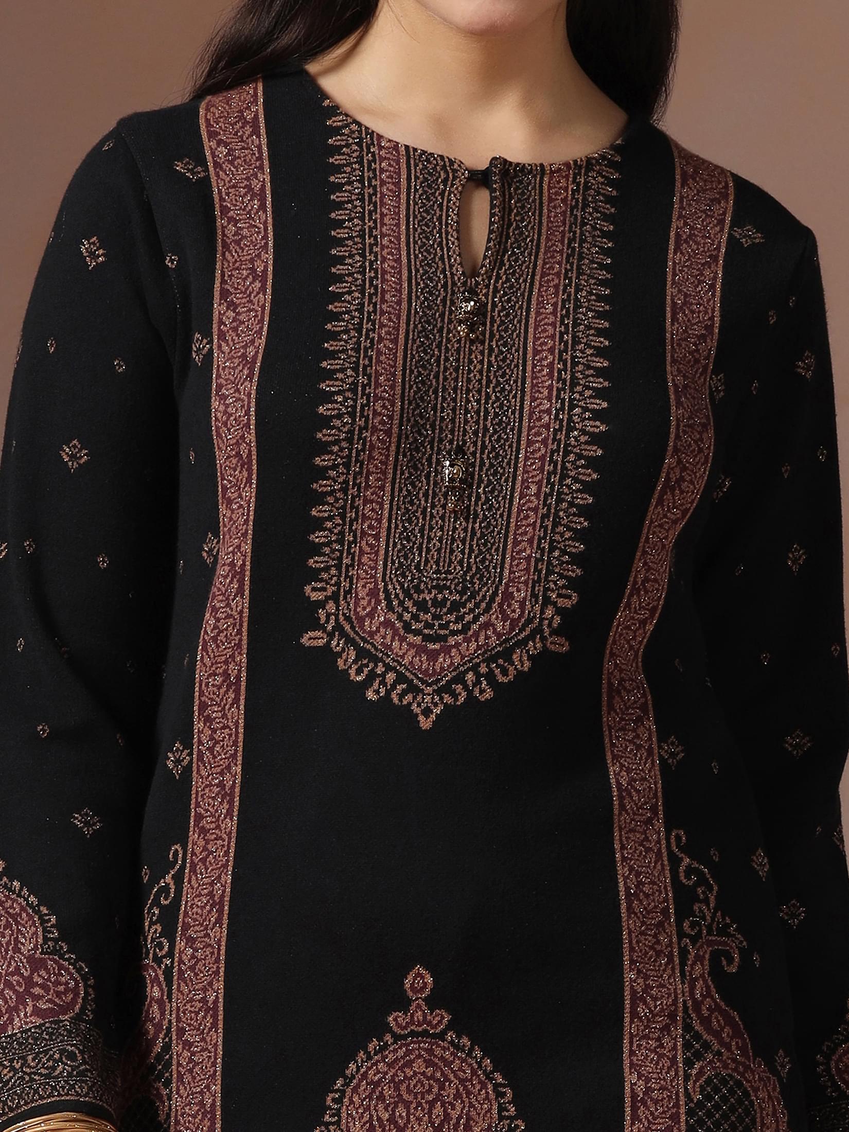 Winter Women Wool Blend Black & Maroon Jacquard Kurta Bell Bottom Dupatta.