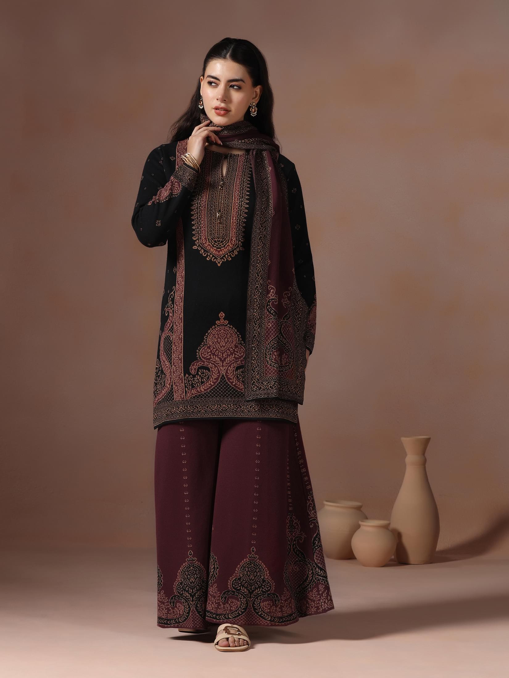 Winter Women Wool Blend Black & Maroon Jacquard Kurta Bell Bottom Dupatta.