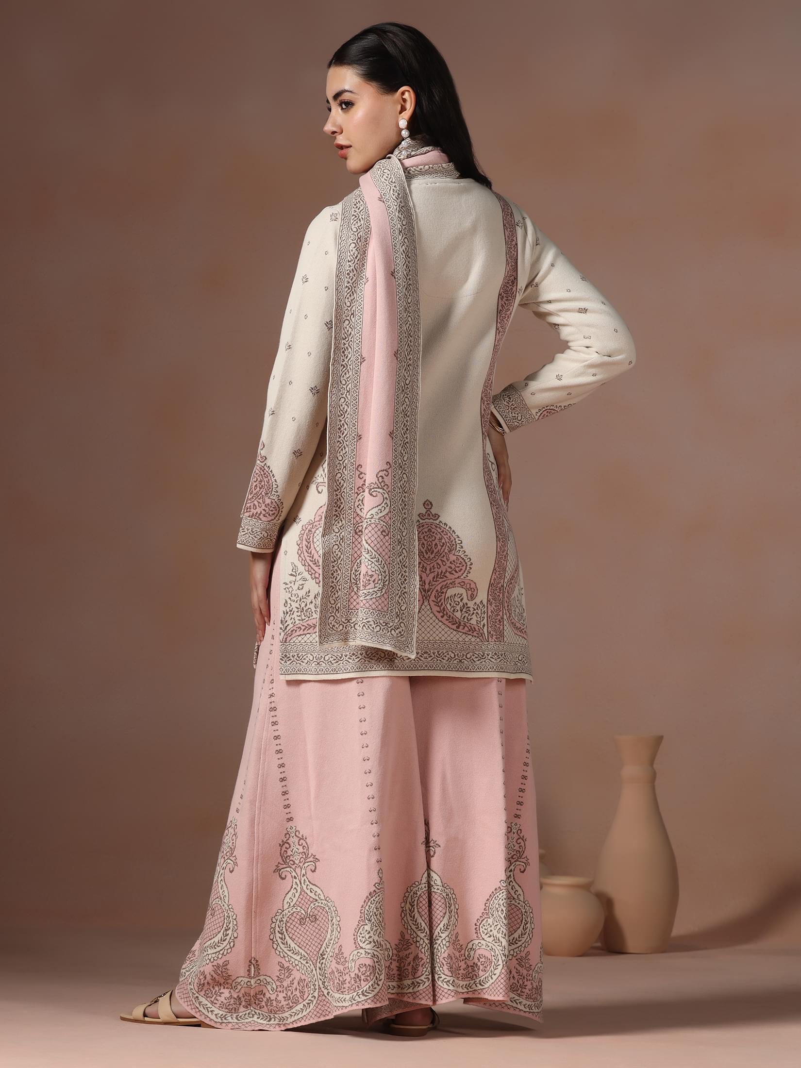 Winter Women Wool Blend Off White & Pink Jacquard Kurta Bell Bottom Dupatta.