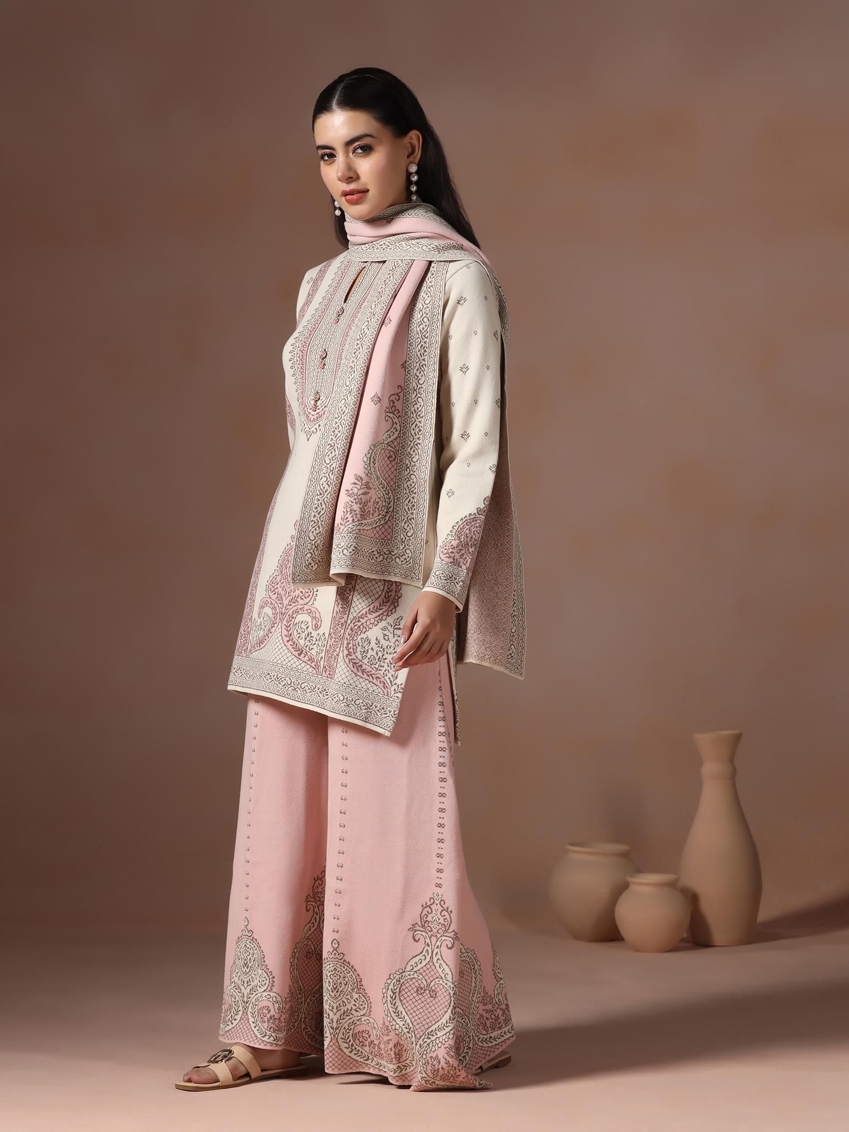 Winter Women Wool Blend Off White & Pink Jacquard Kurta Bell Bottom Dupatta.