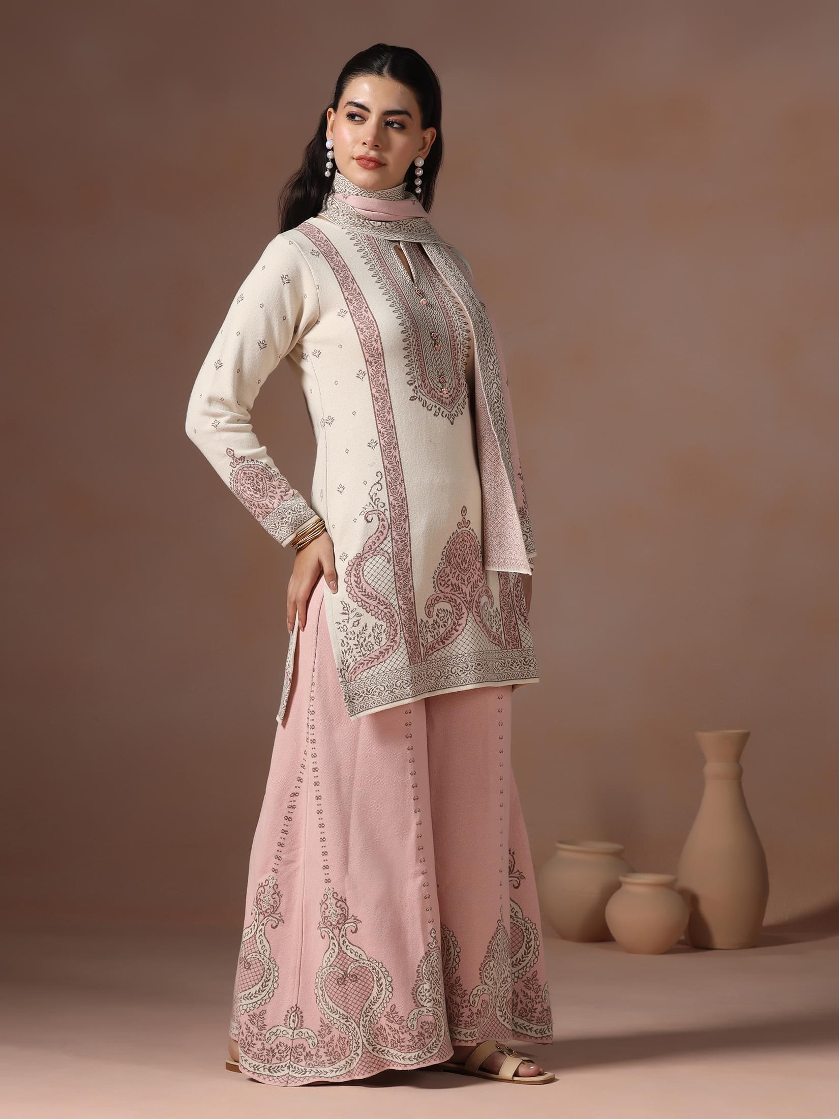 Winter Women Wool Blend Off White & Pink Jacquard Kurta Bell Bottom Dupatta.