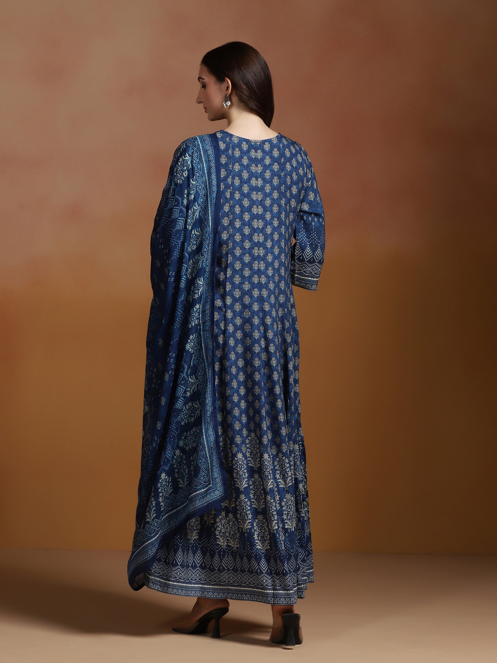 Women Liva Indigo Printed Dress With Dupatta