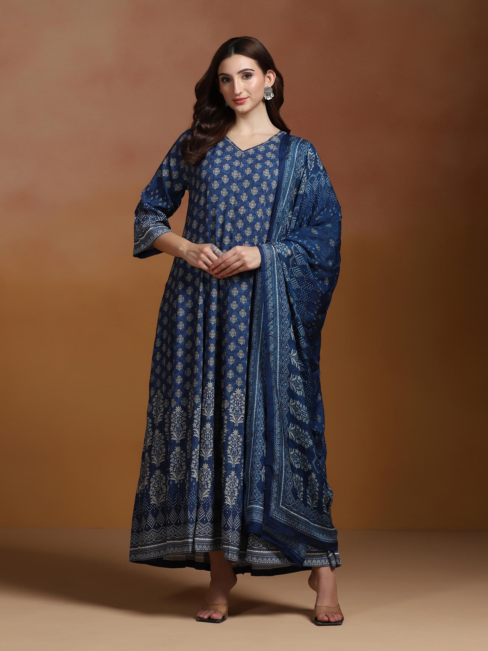 Women Liva Indigo Printed Dress With Dupatta.