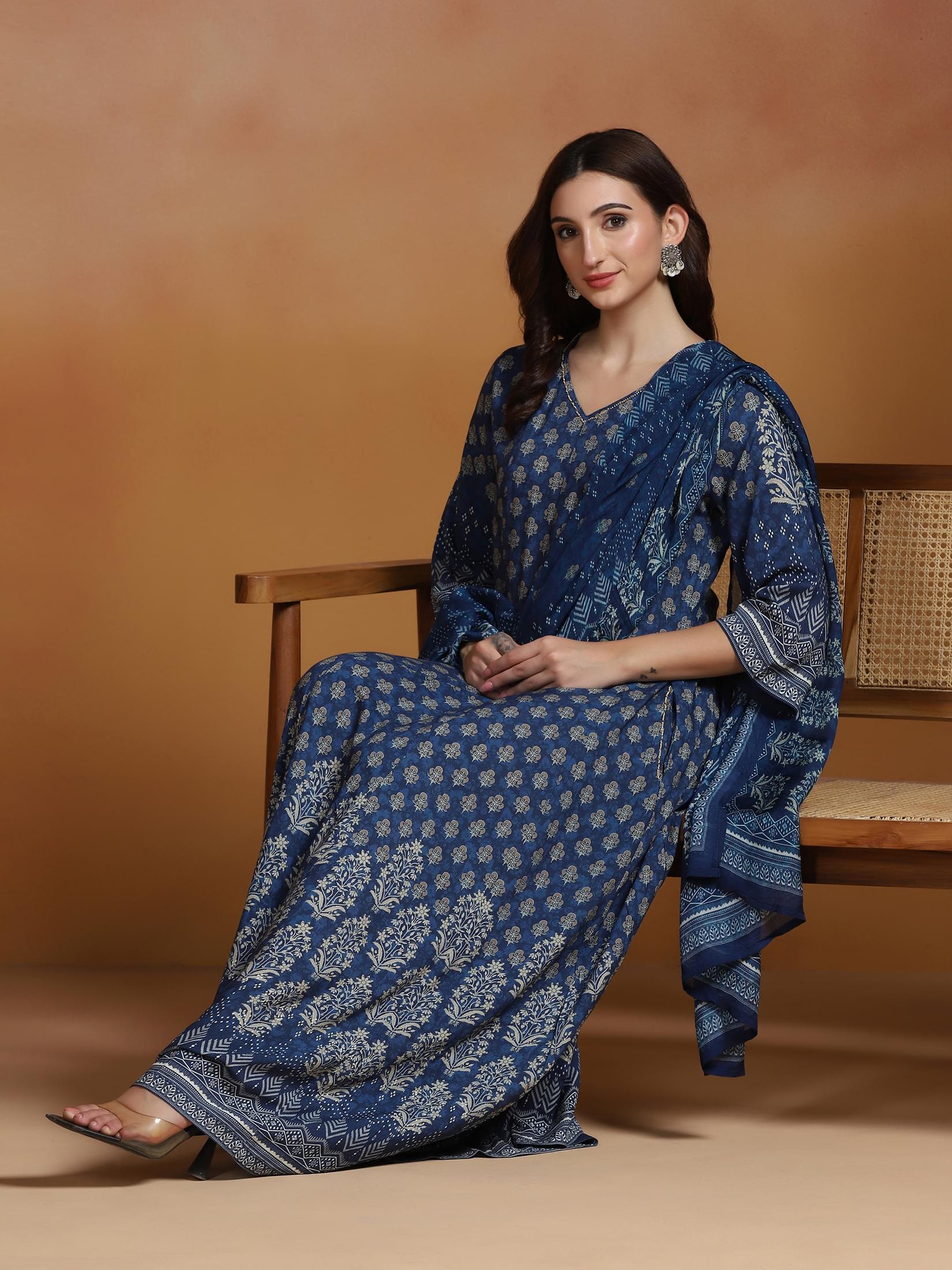 Indigo blue printed Liva fabric ethnic dress accompanied by dupatta