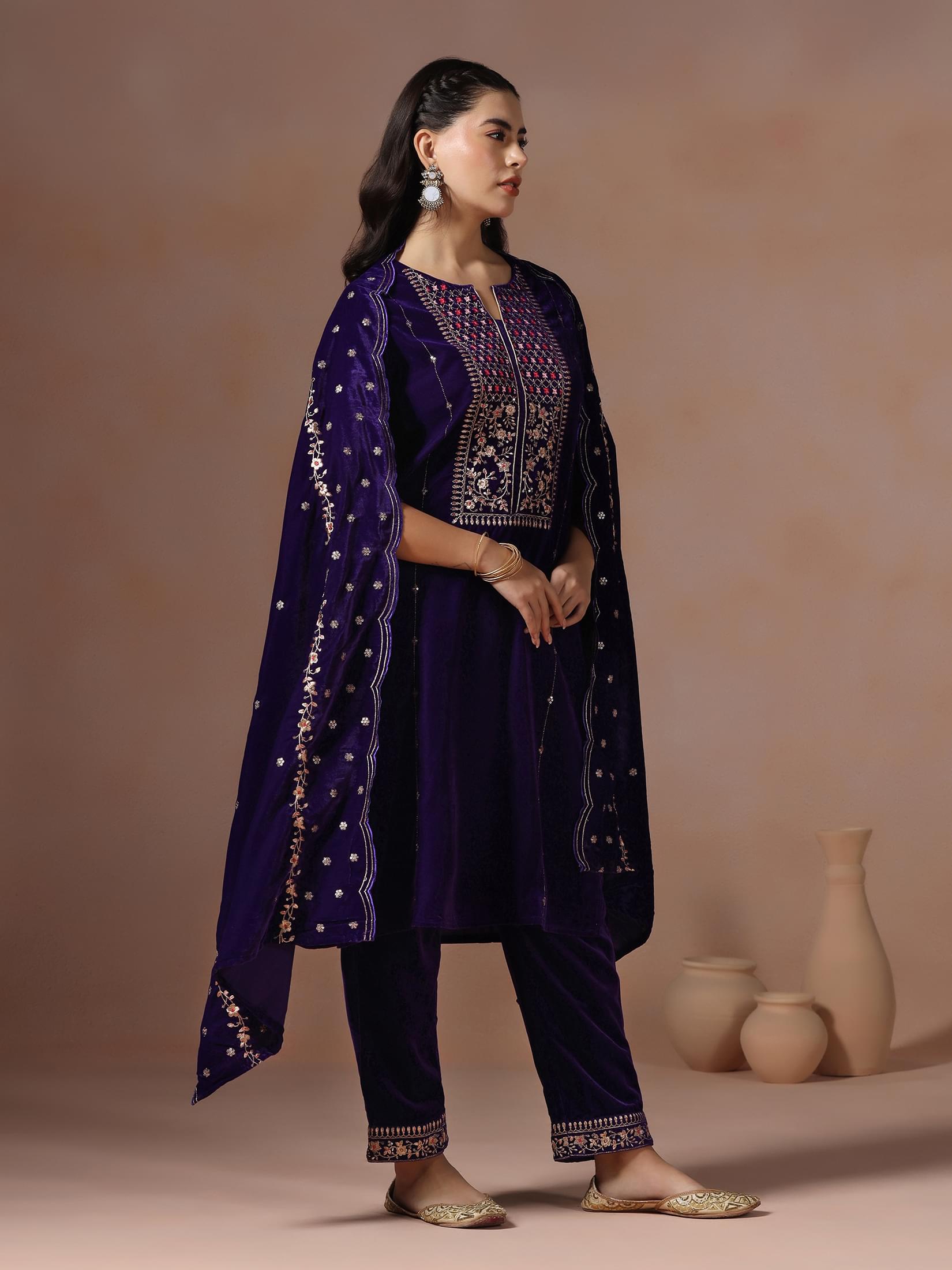 Winter Women Velvet Purple Embroidered Kurta Comfort Pant Dupatta.