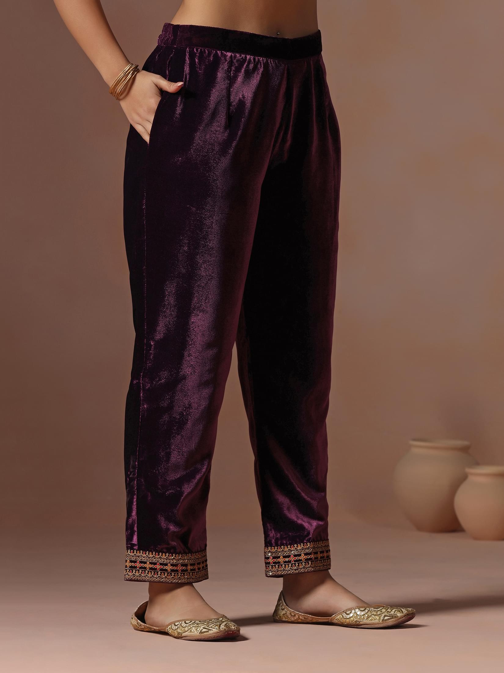 Winter Women Velvet Burgundy Embroidered Kurta With Comfort Pant Dupatta.