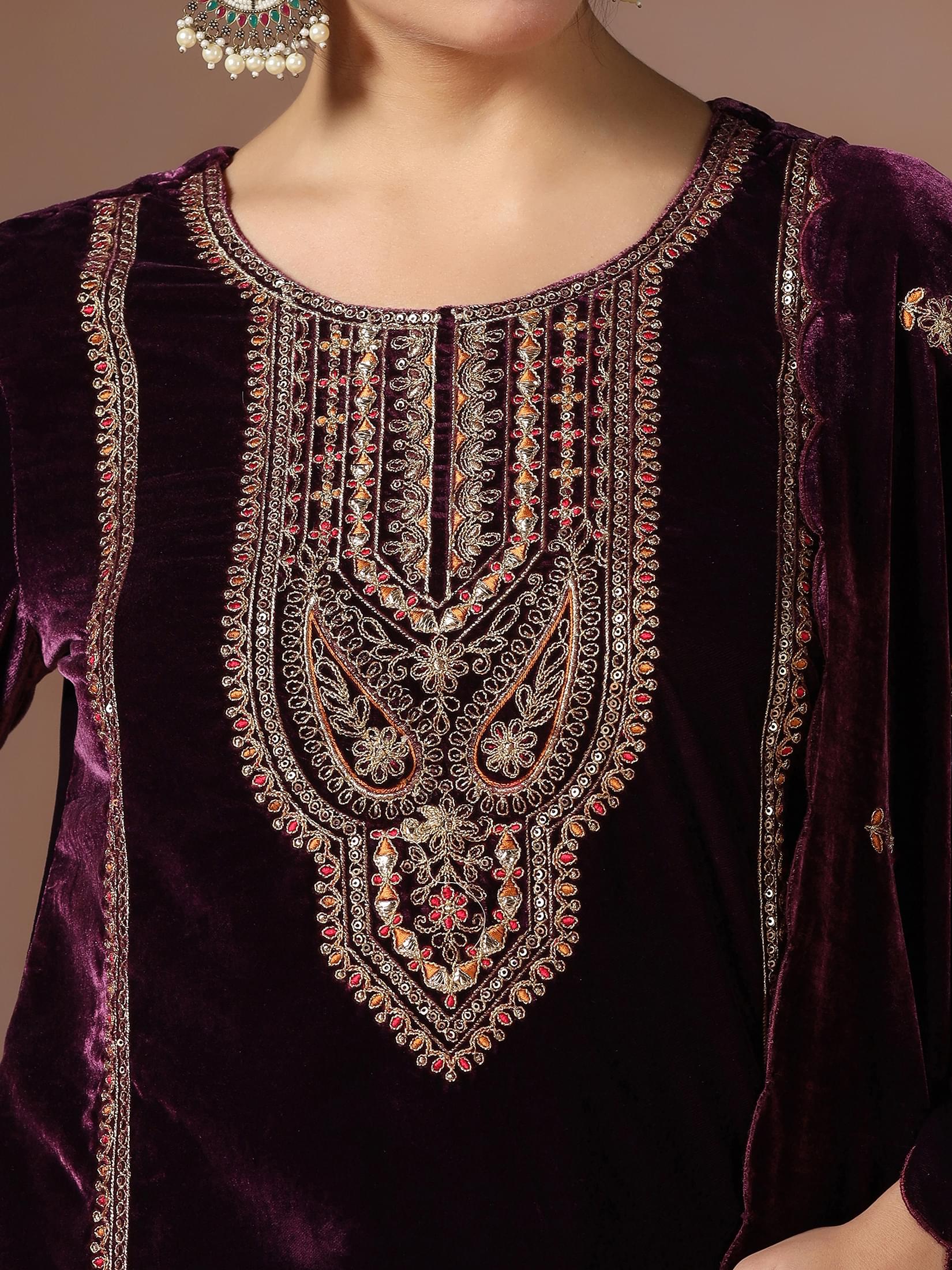Winter Women Velvet Burgundy Embroidered Kurta With Comfort Pant Dupatta.