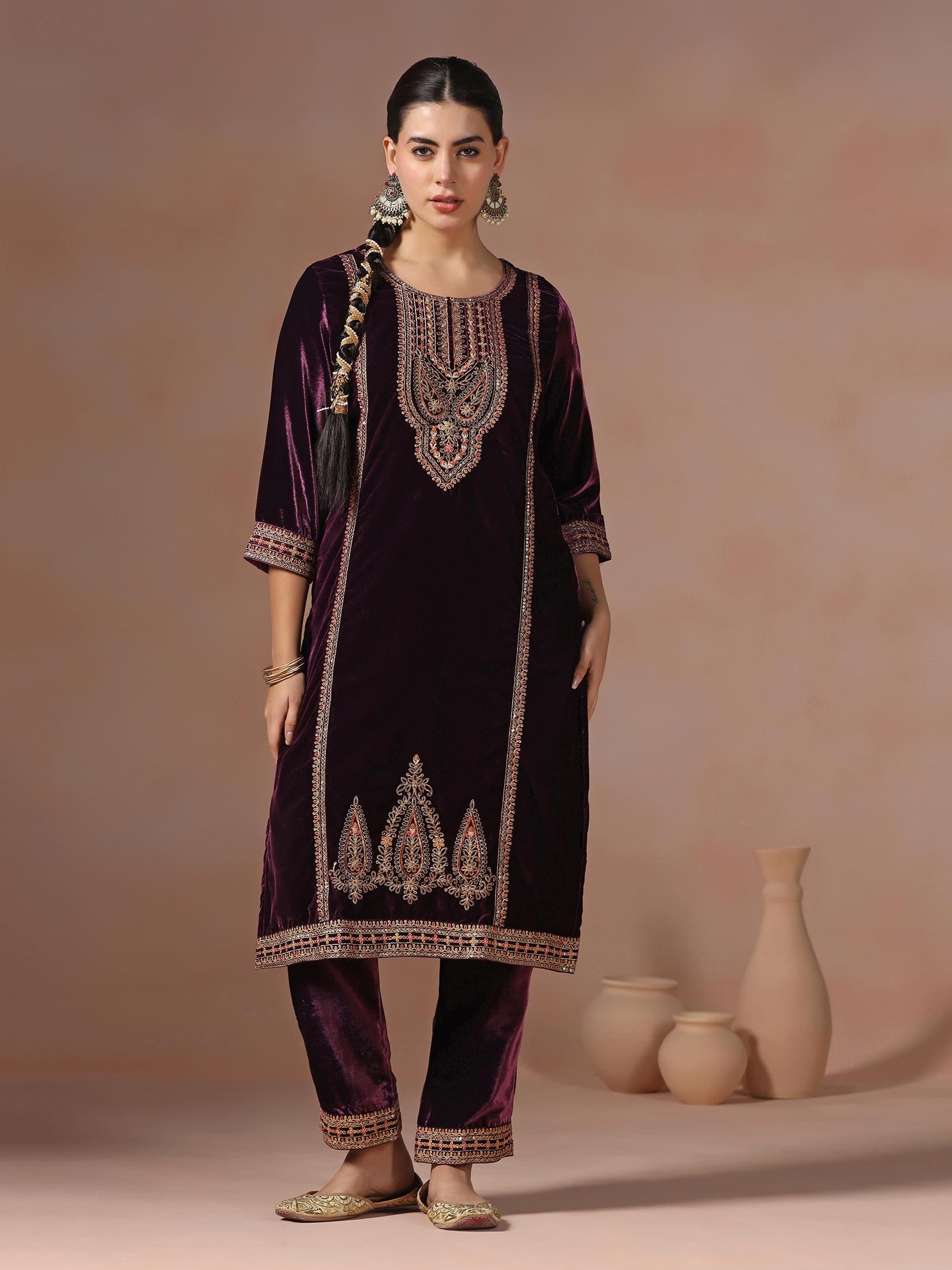 Winter Women Velvet Burgundy Embroidered Kurta With Comfort Pant Dupatta.