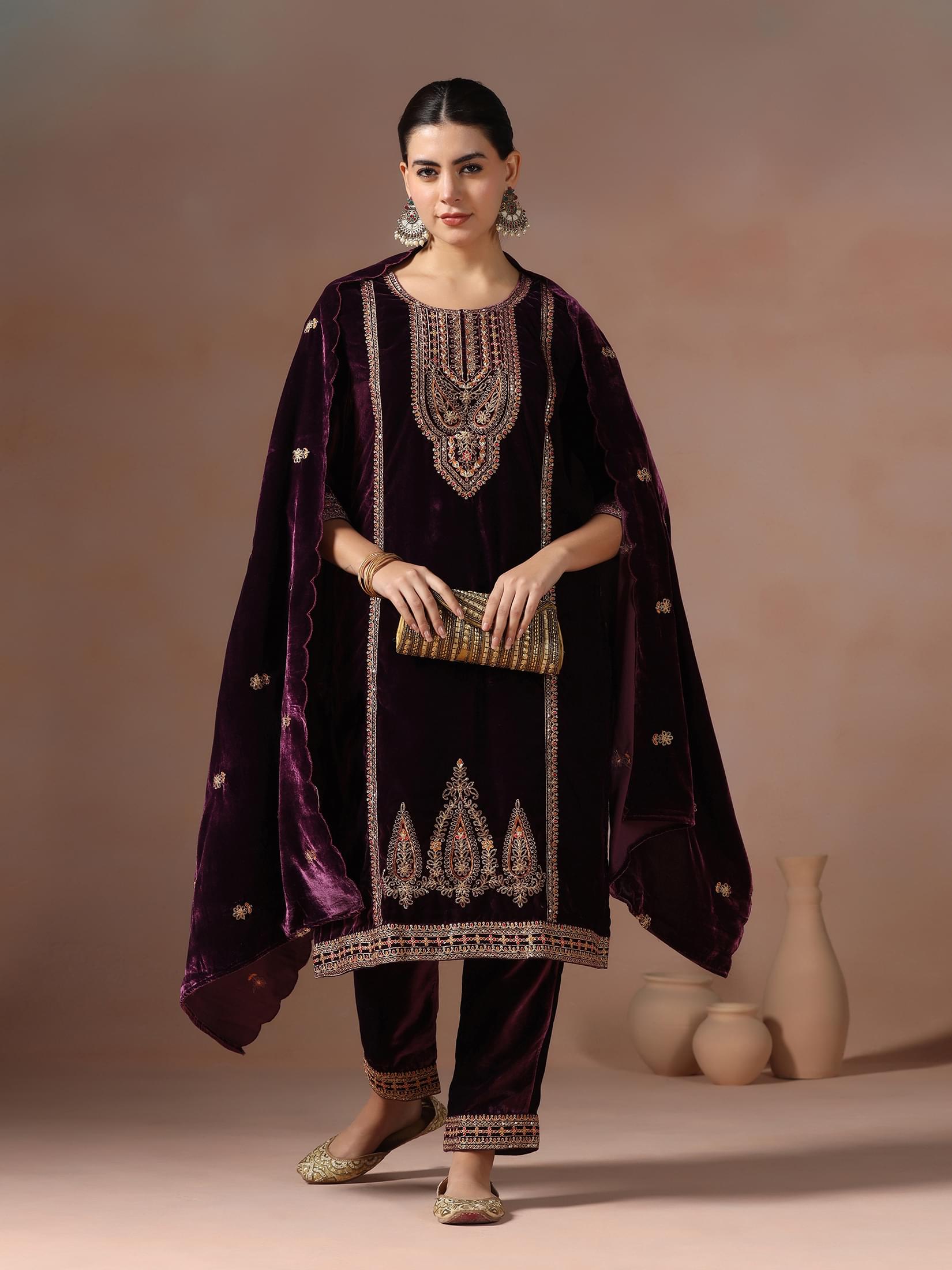 Winter Women Velvet Burgundy Embroidered Kurta With Comfort Pant Dupatta.