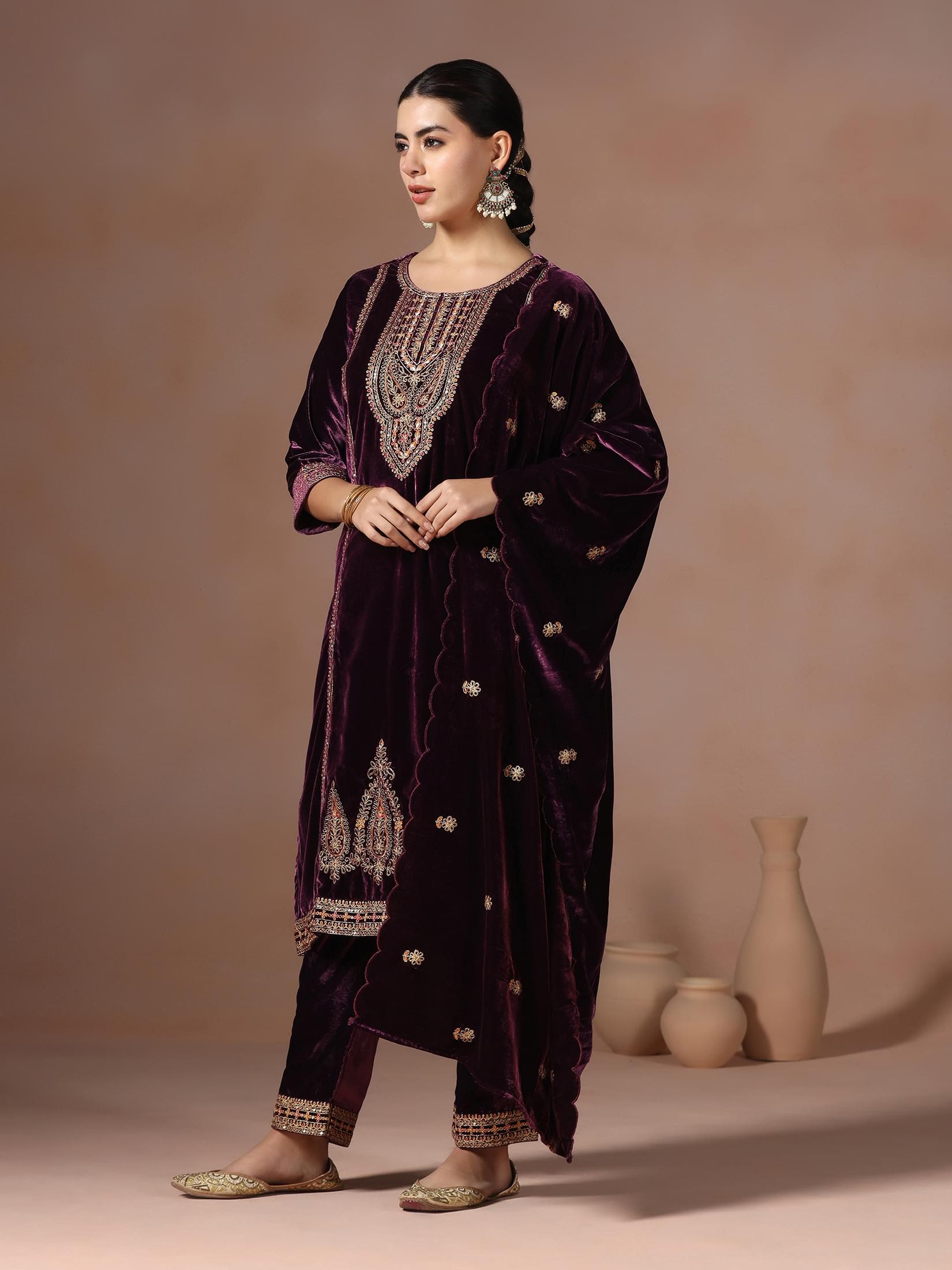 Winter Women Velvet Burgundy Embroidered Kurta With Comfort Pant Dupatta.