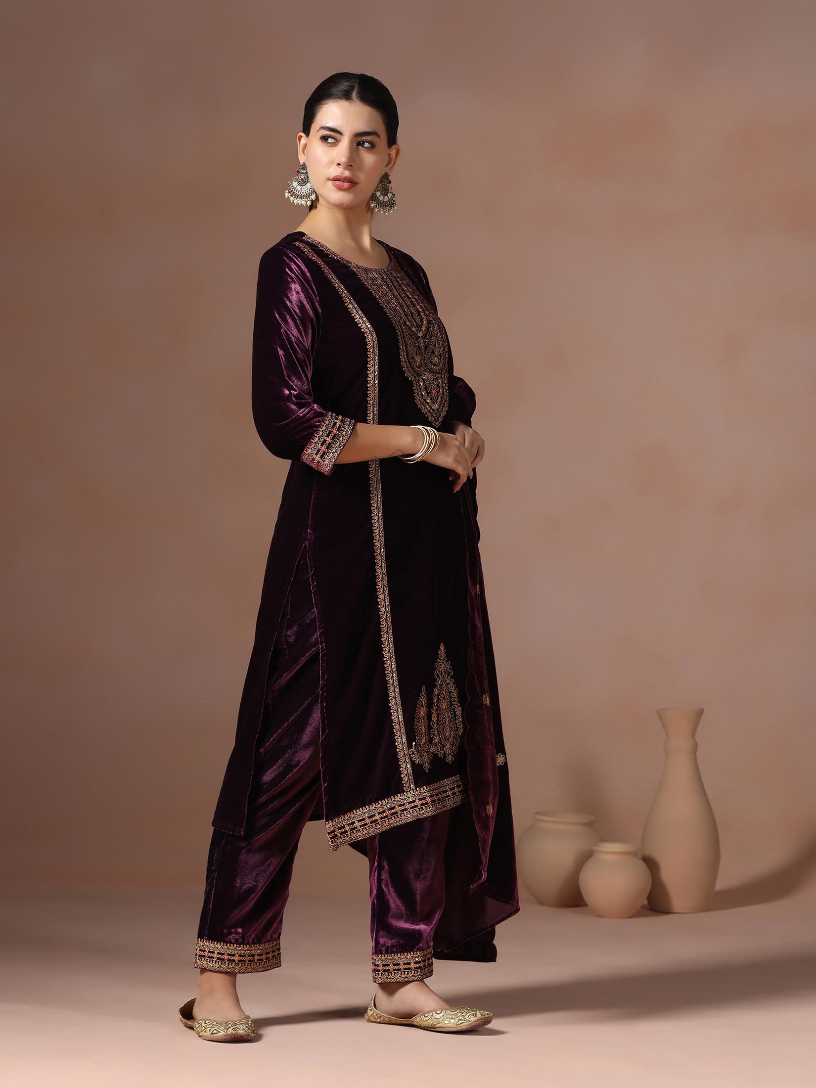 Winter Women Velvet Burgundy Embroidered Kurta With Comfort Pant Dupatta.