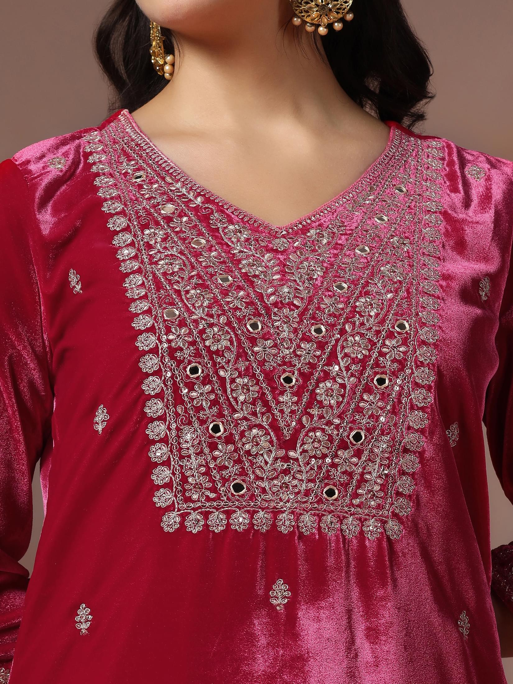 Winter Women Velvet Pink Embroidered Kurta Comfort Pant Dupatta.