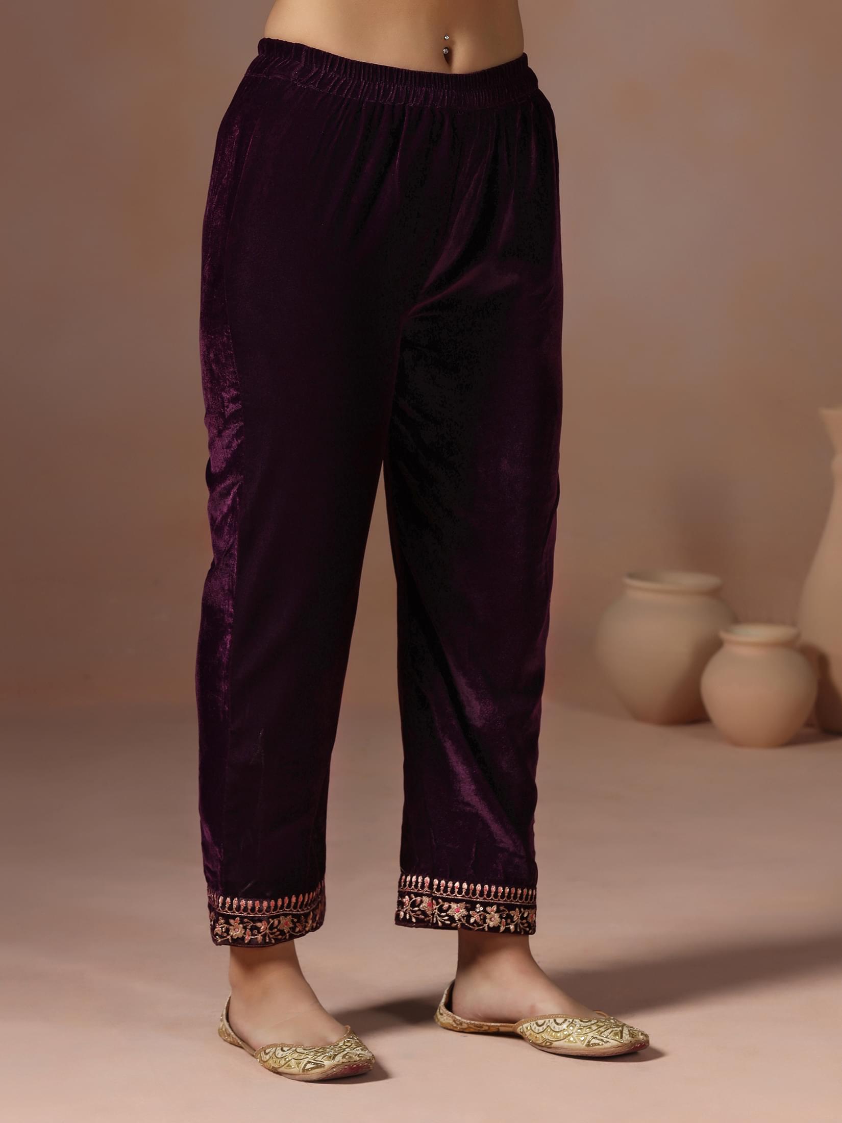 Winter Women Burgundy Embroidered Velvet Kurta Comfort Pant Dupatta.