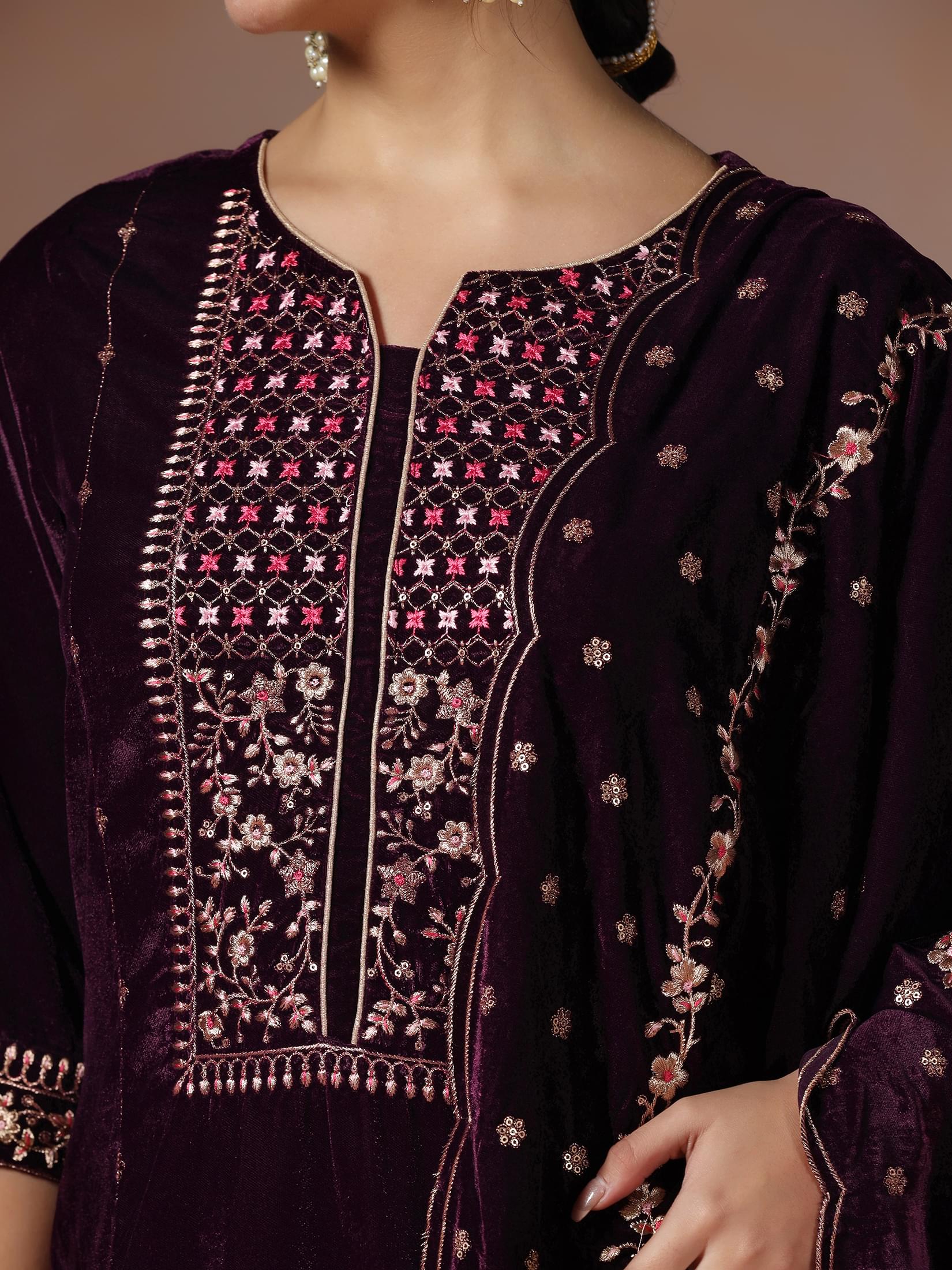 Winter Women Burgundy Embroidered Velvet Kurta Comfort Pant Dupatta.