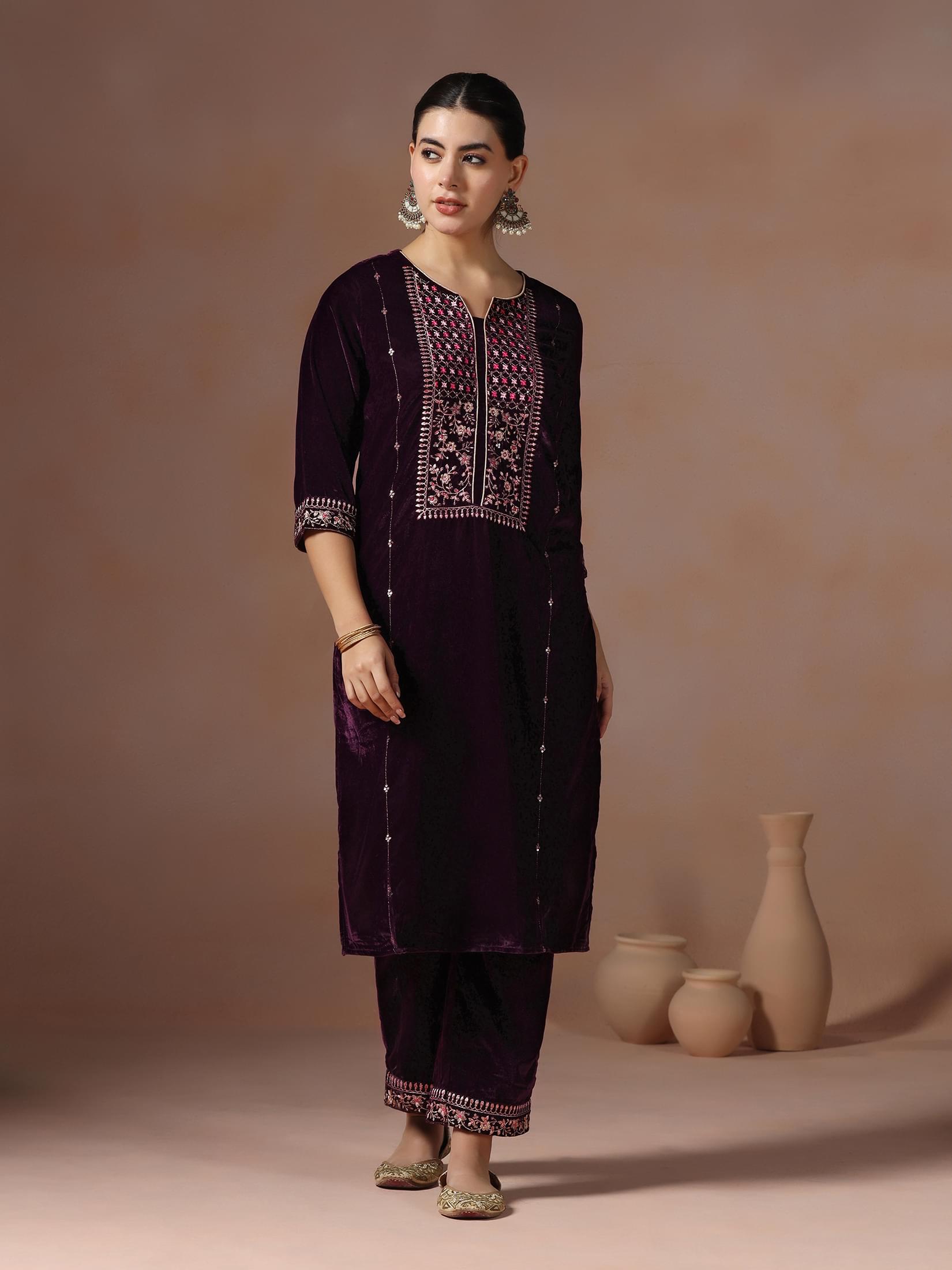 Winter Women Burgundy Embroidered Velvet Kurta Comfort Pant Dupatta.