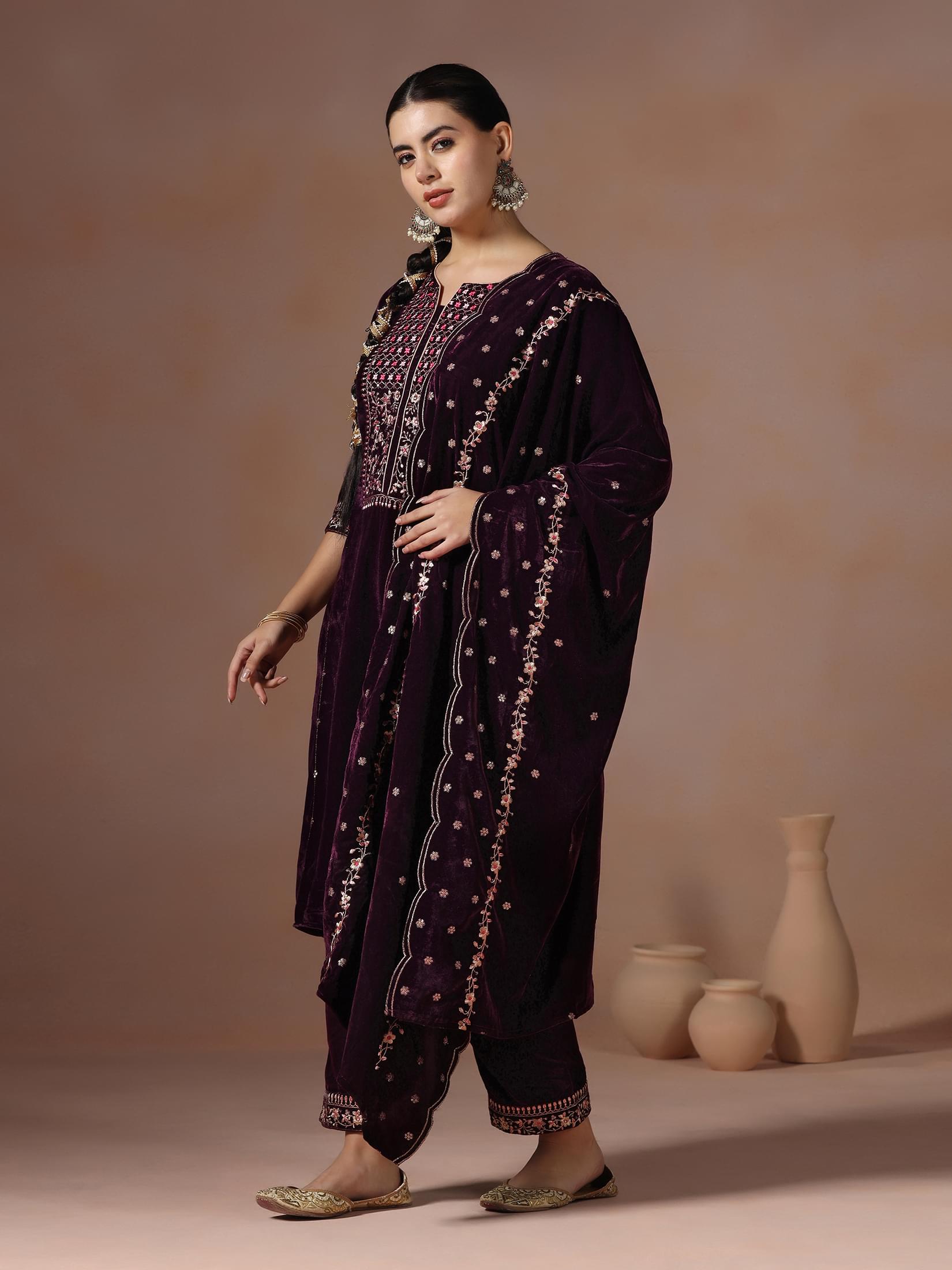 Winter Women Burgundy Embroidered Velvet Kurta Comfort Pant Dupatta.