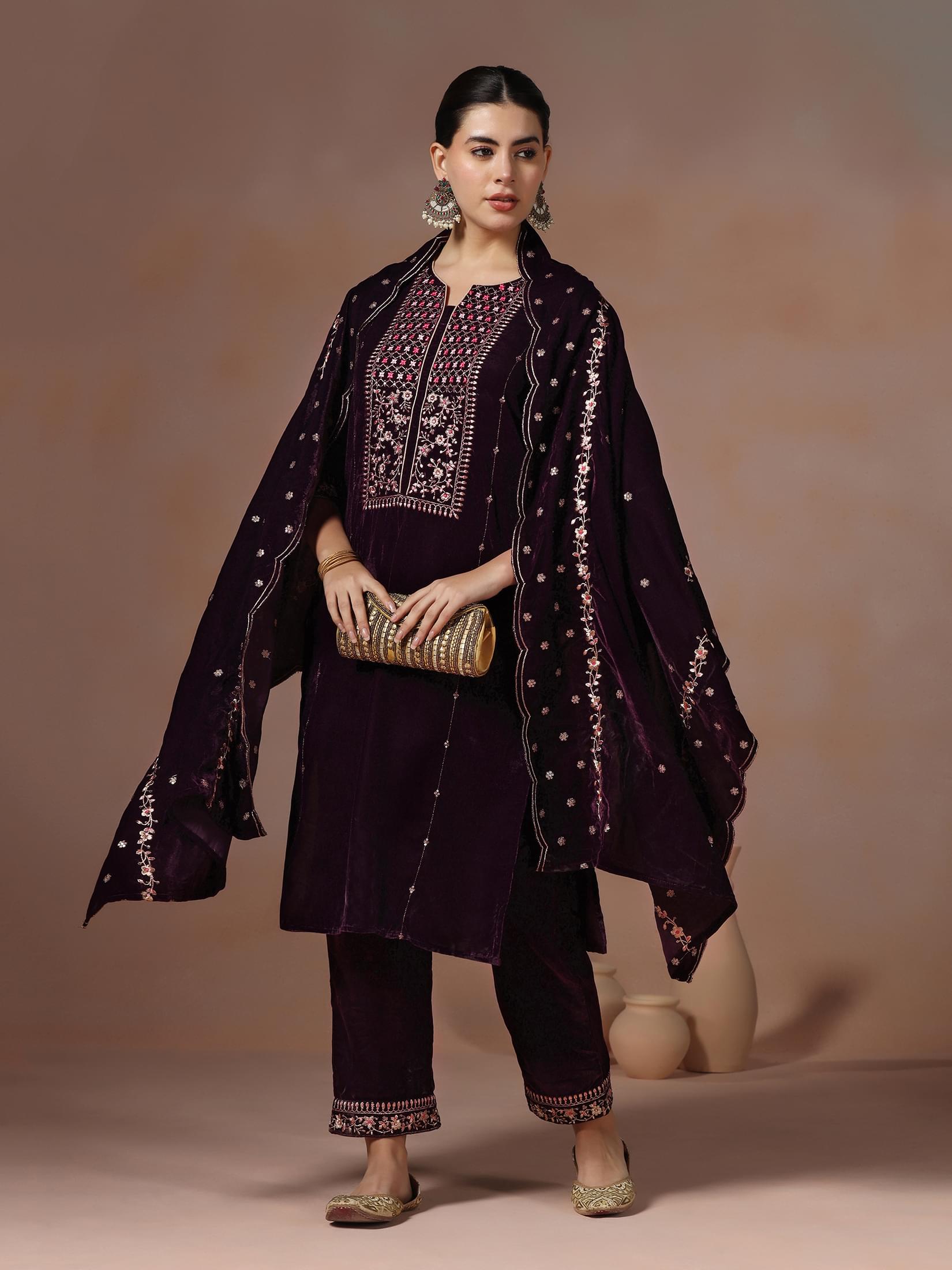 Winter Women Burgundy Embroidered Velvet Kurta Comfort Pant Dupatta.