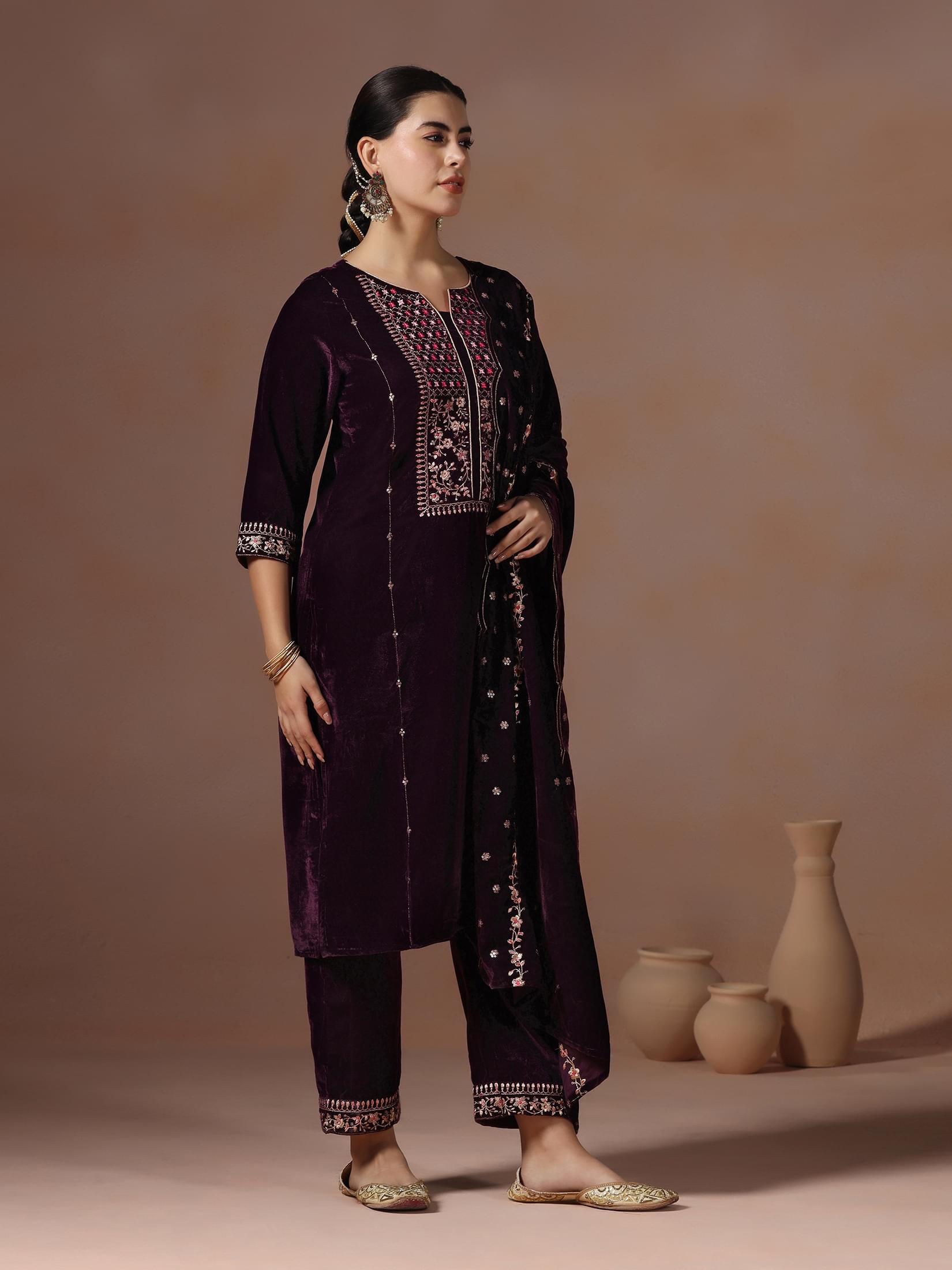 Winter Women Burgundy Embroidered Velvet Kurta Comfort Pant Dupatta.