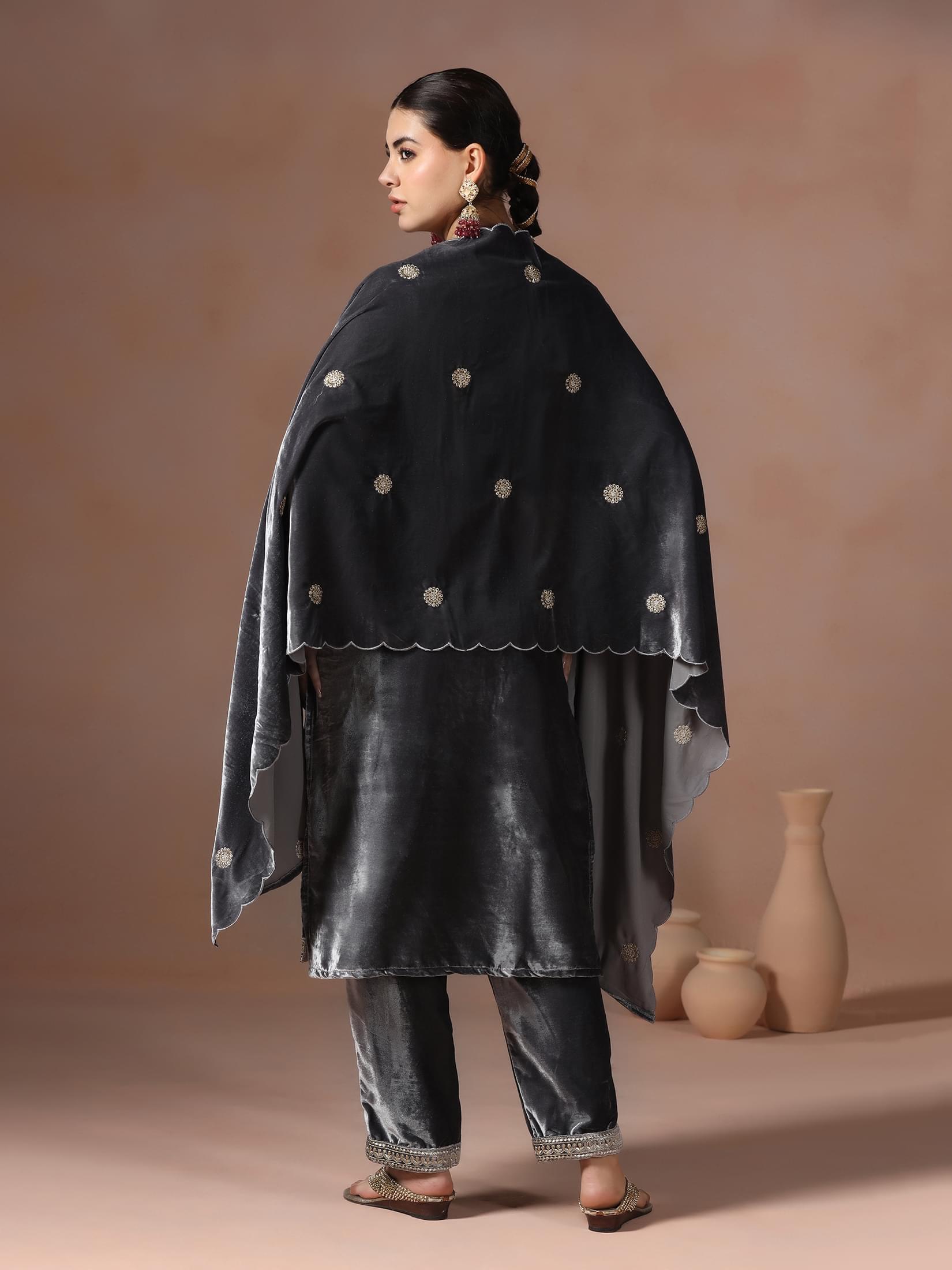 Winter Women Velvet Grey Embroidered Kurta Comfort Pant Dupatta.