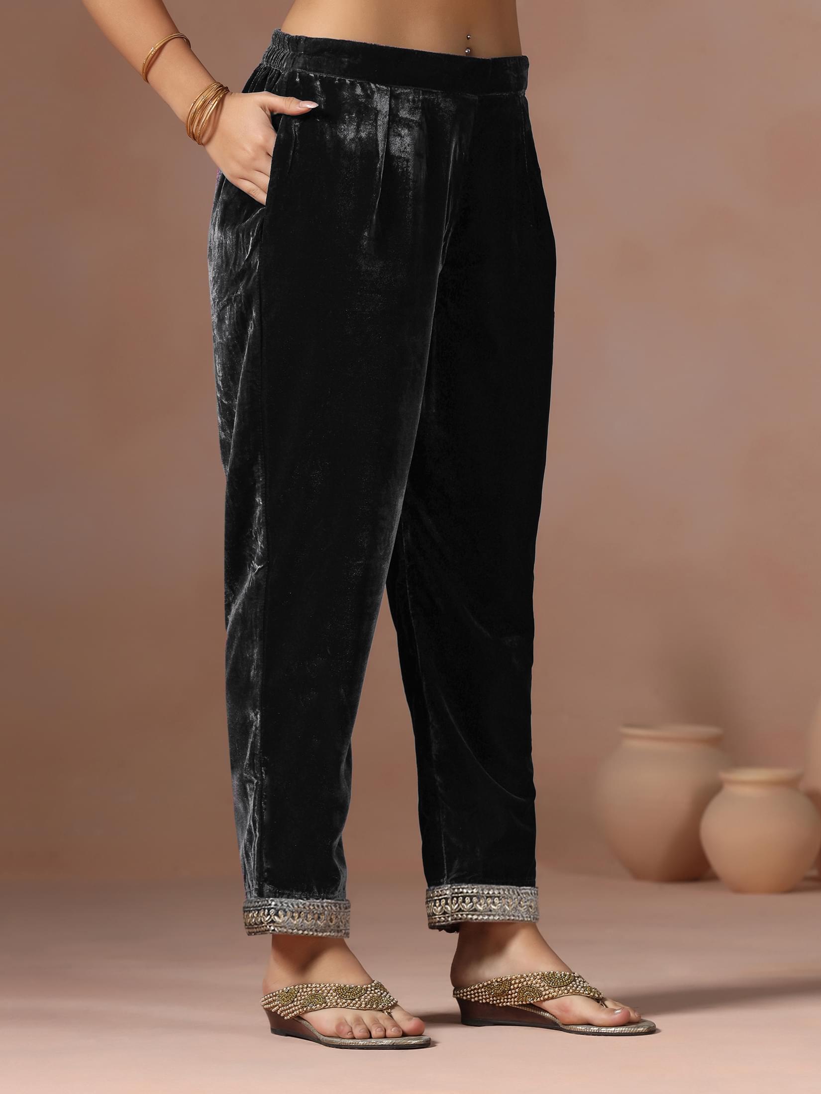 Winter Women Velvet Grey Embroidered Kurta Comfort Pant Dupatta.