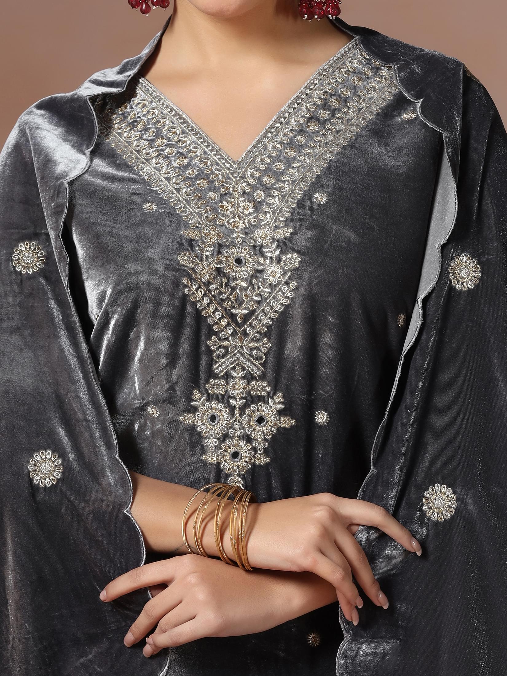 Winter Women Velvet Grey Embroidered Kurta Comfort Pant Dupatta.