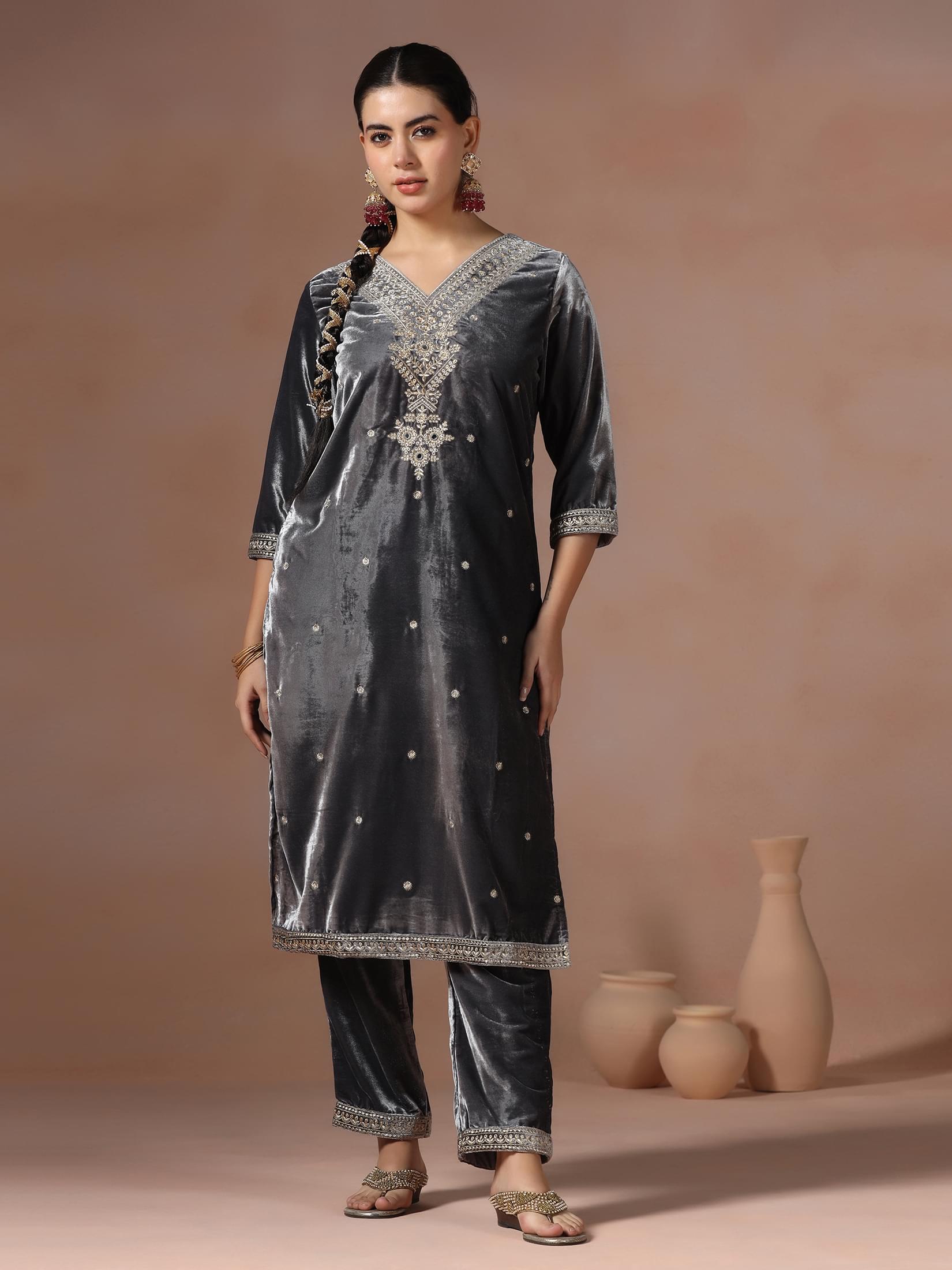 Winter Women Velvet Grey Embroidered Kurta Comfort Pant Dupatta.