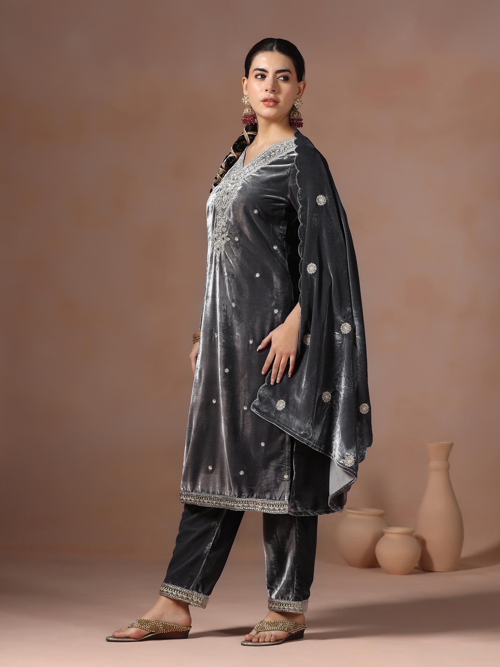 Winter Women Velvet Grey Embroidered Kurta Comfort Pant Dupatta.