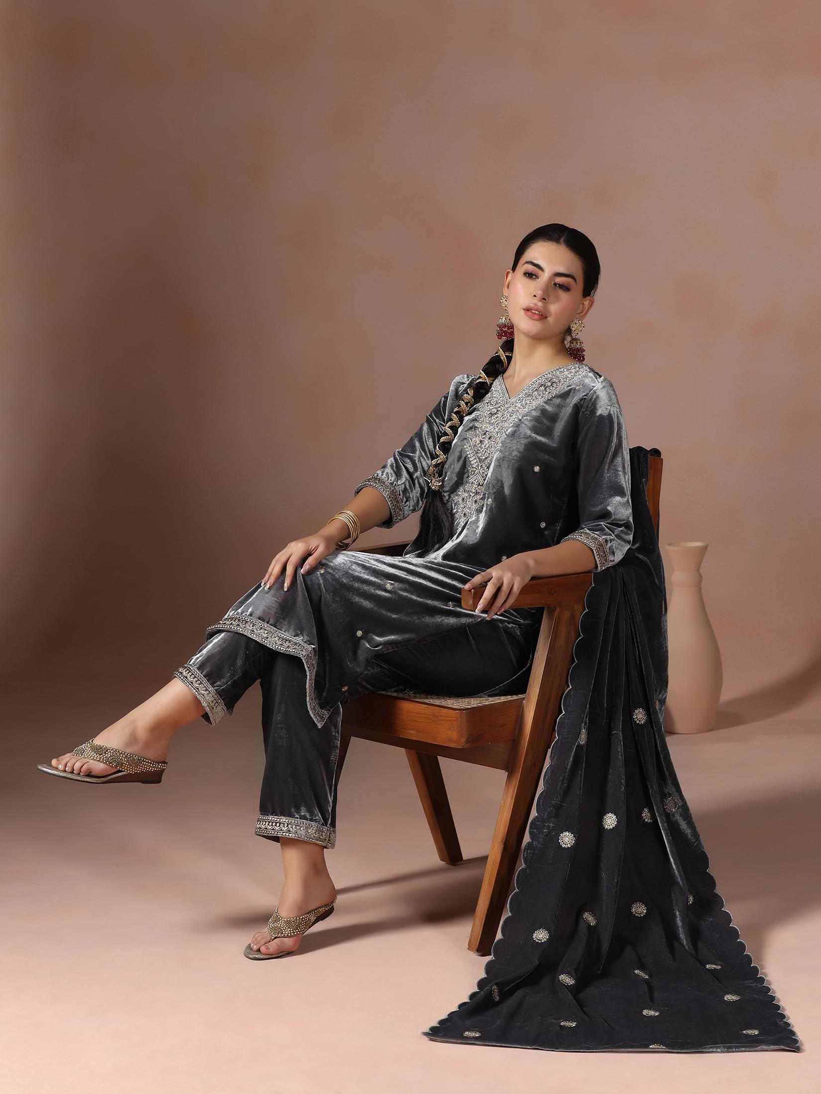 Winter Women Velvet Grey Embroidered Kurta Comfort Pant Dupatta.