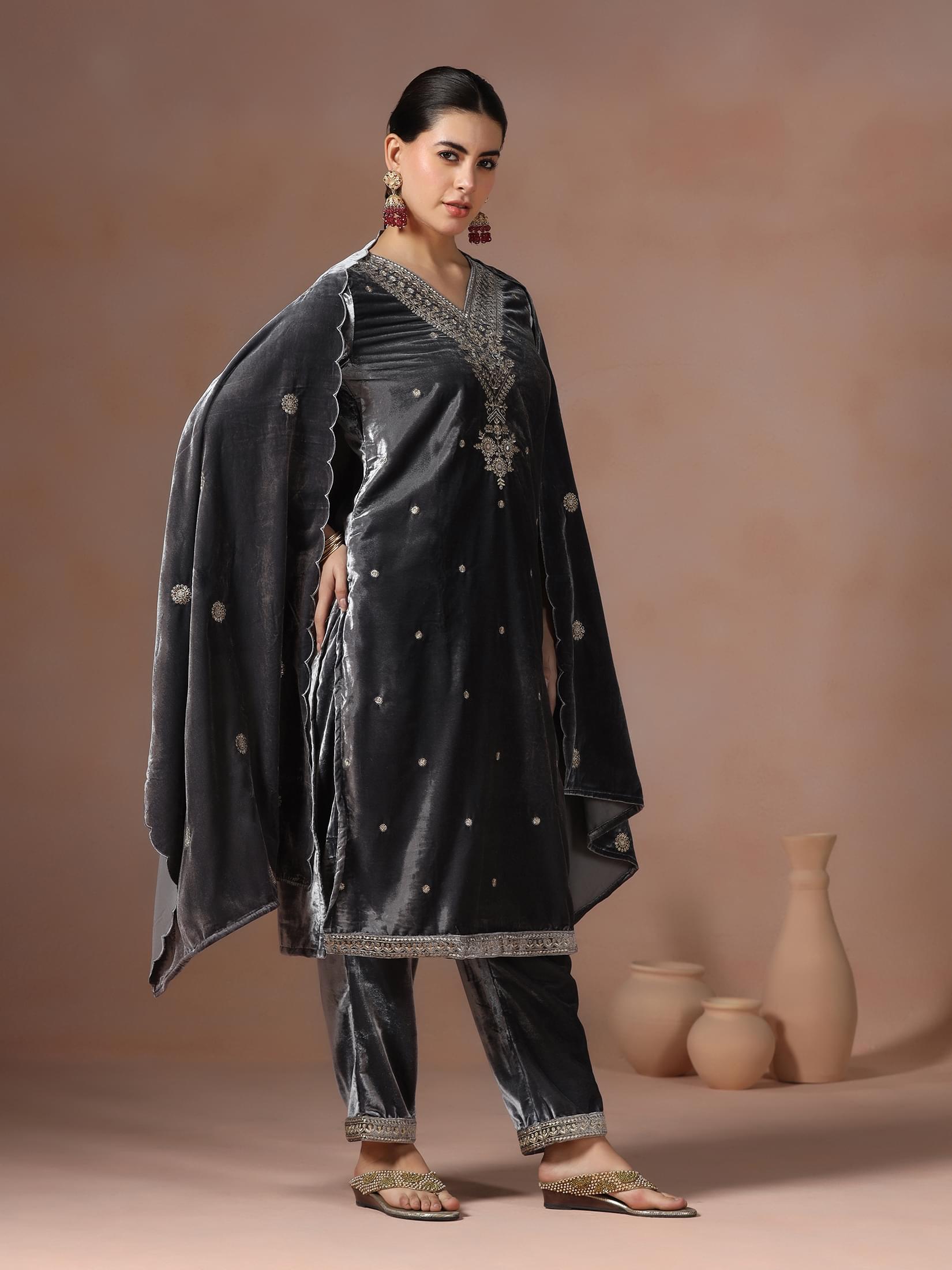 Winter Women Velvet Grey Embroidered Kurta Comfort Pant Dupatta.