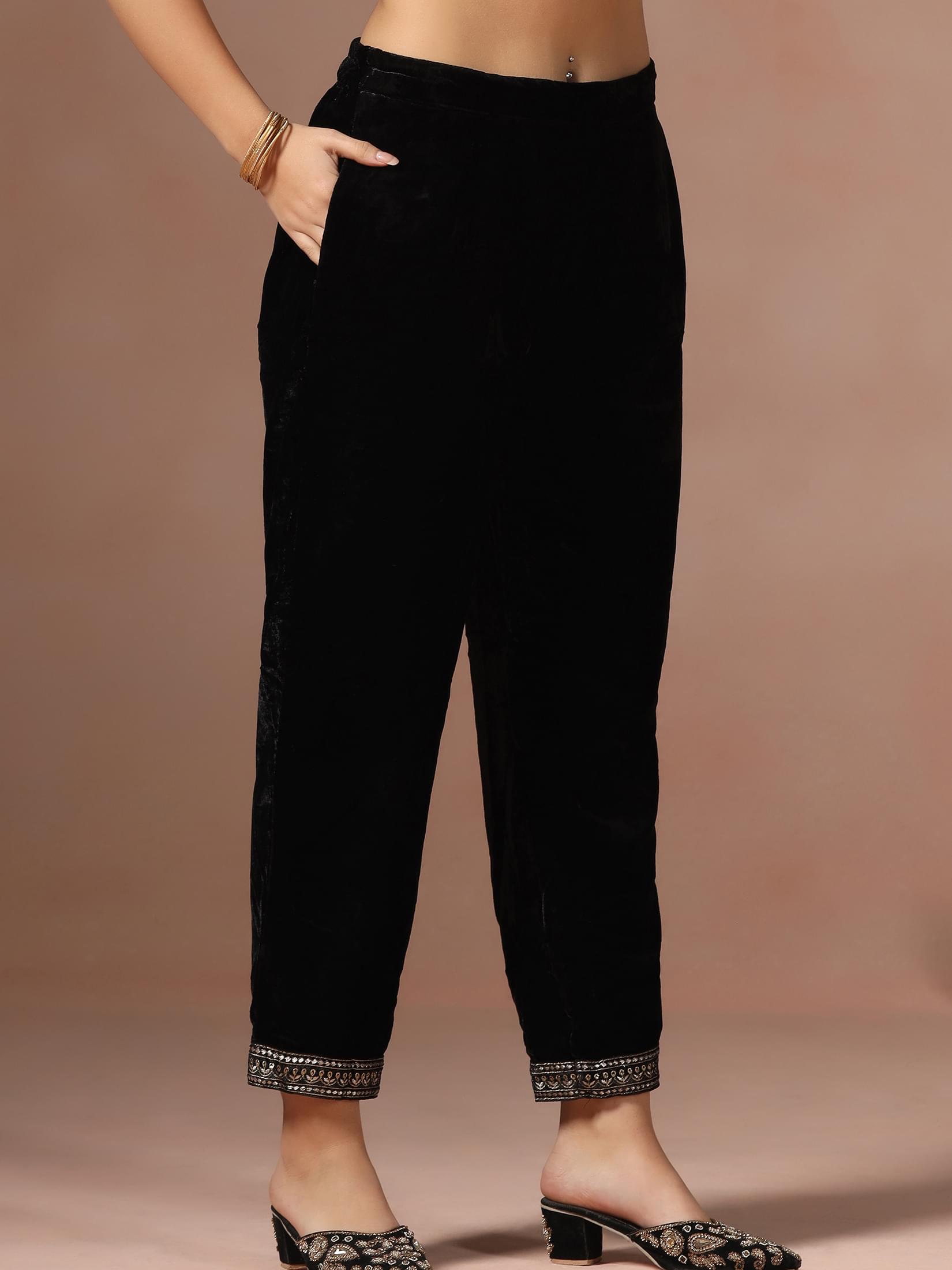 Winter Women Velvet Black Embroidered Kurta Comfort Pant Dupatta.