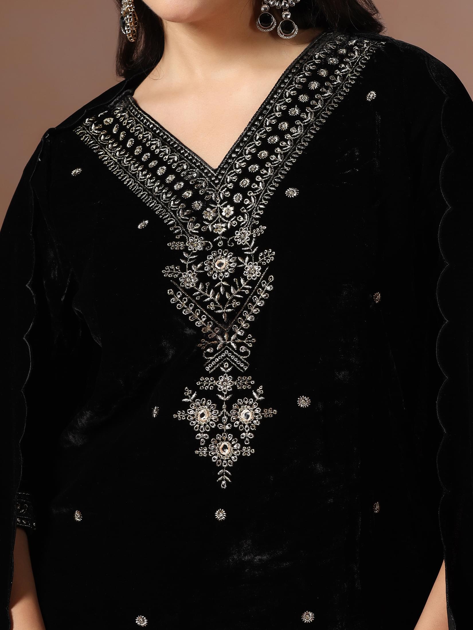 Winter Women Velvet Black Embroidered Kurta Comfort Pant Dupatta.