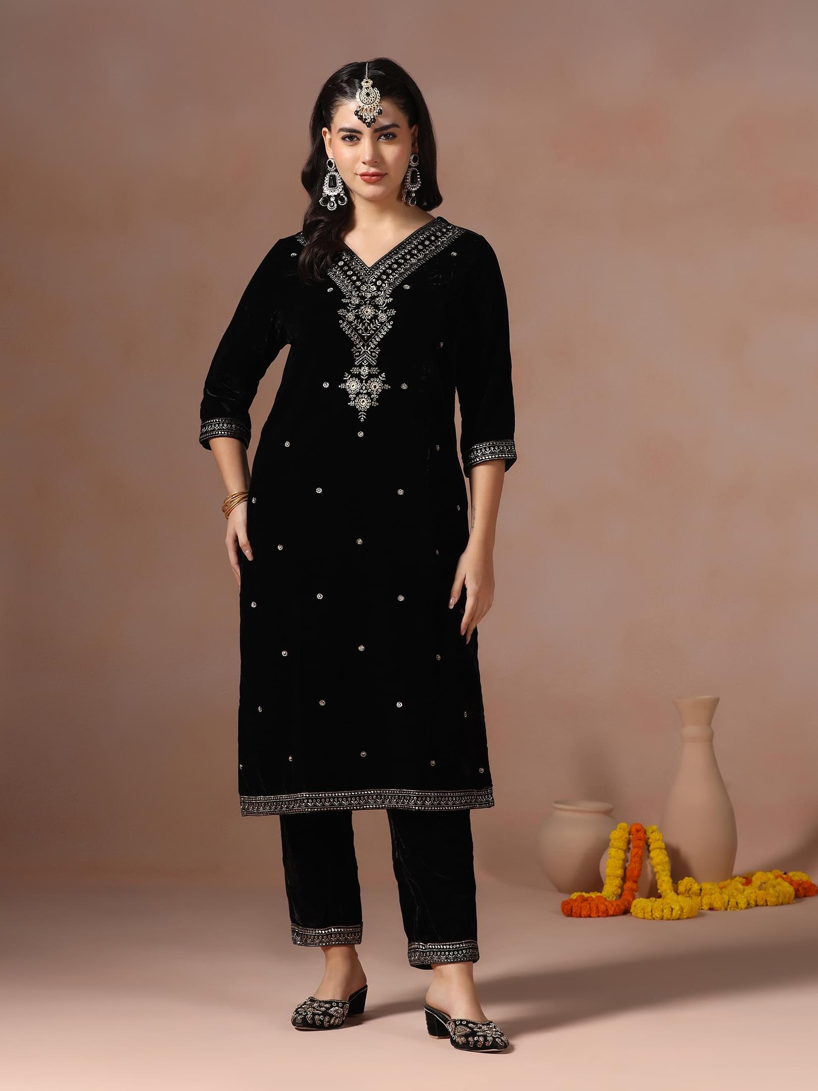 Winter Women Velvet Black Embroidered Kurta Comfort Pant Dupatta.