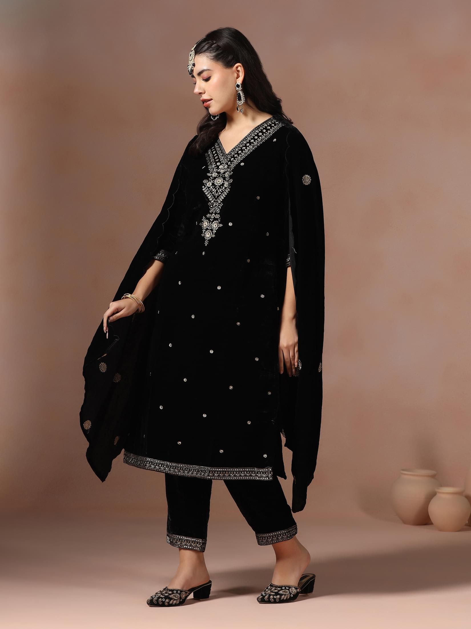 Winter Women Velvet Black Embroidered Kurta Comfort Pant Dupatta.