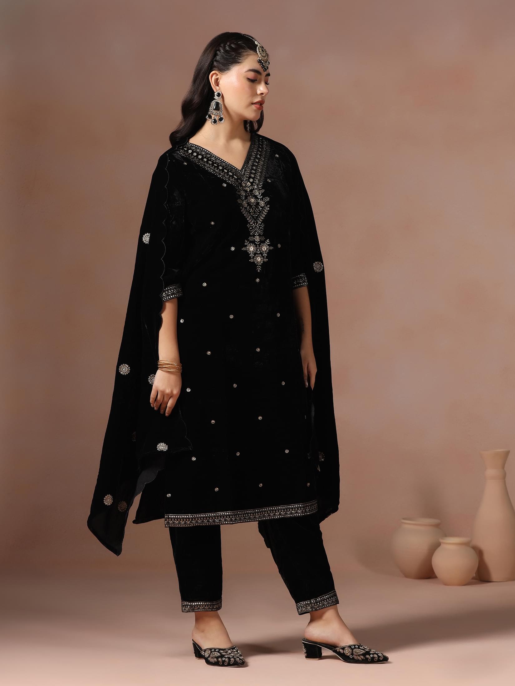 Winter Women Velvet Black Embroidered Kurta Comfort Pant Dupatta.