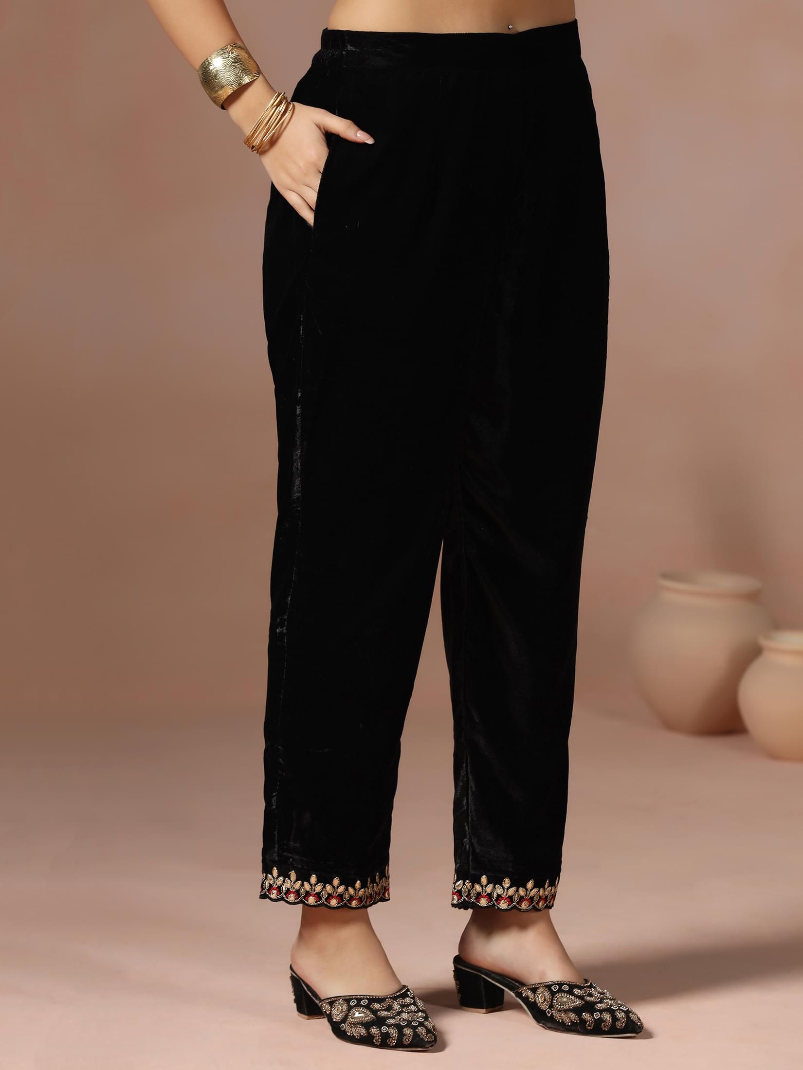 Winter Women Black Embroidered Velvet Kurta Comfort Pant Dupatta.