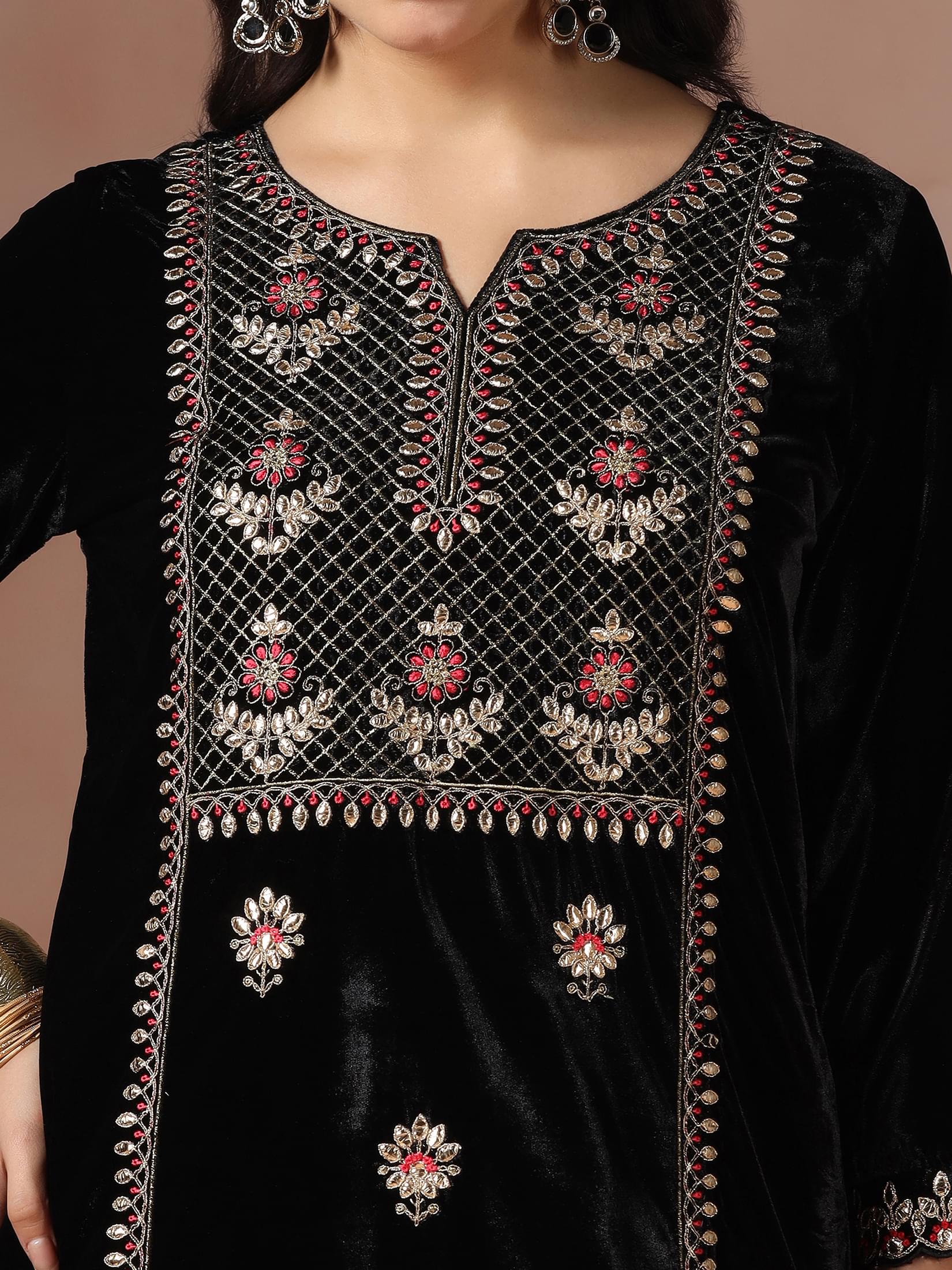 Winter Women Black Embroidered Velvet Kurta Comfort Pant Dupatta.