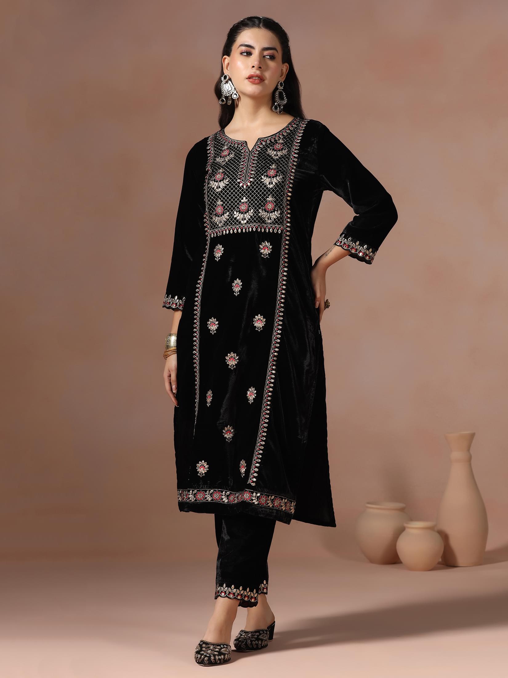 Winter Women Black Embroidered Velvet Kurta Comfort Pant Dupatta.