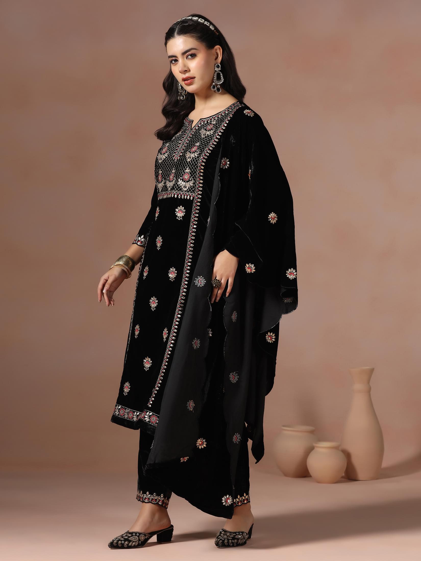 Winter Women Black Embroidered Velvet Kurta Comfort Pant Dupatta.