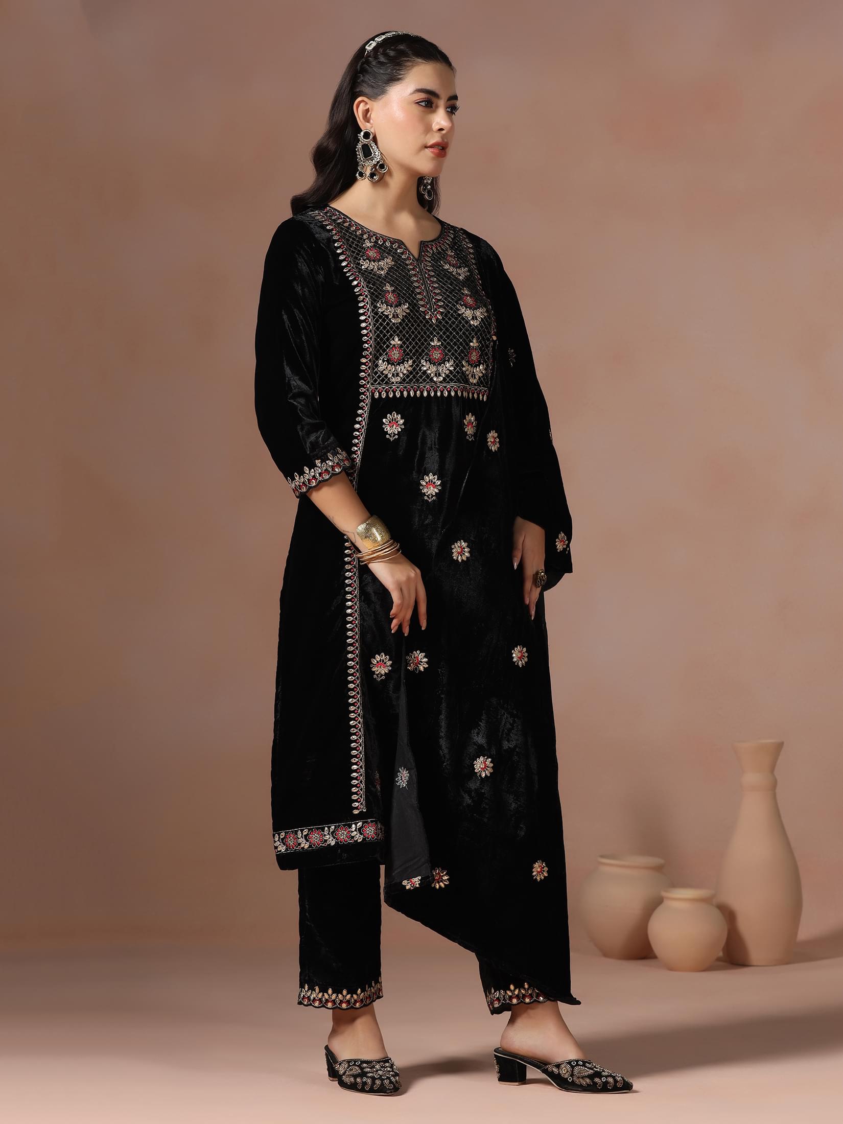 Winter Women Black Embroidered Velvet Kurta Comfort Pant Dupatta.