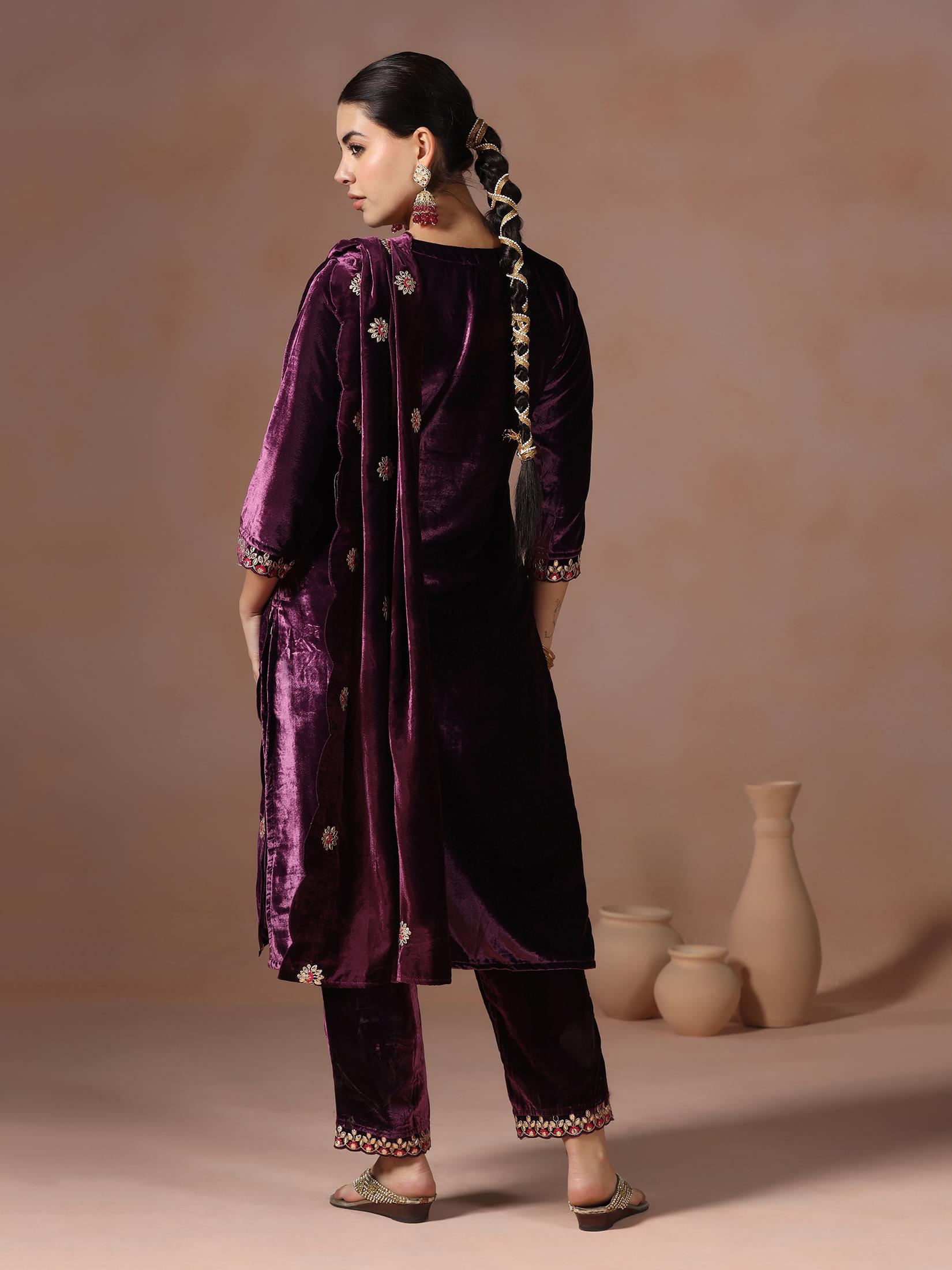 Winter Women Velvet Burgundy Embroidered Kurta Comfort Pant Dupatta.