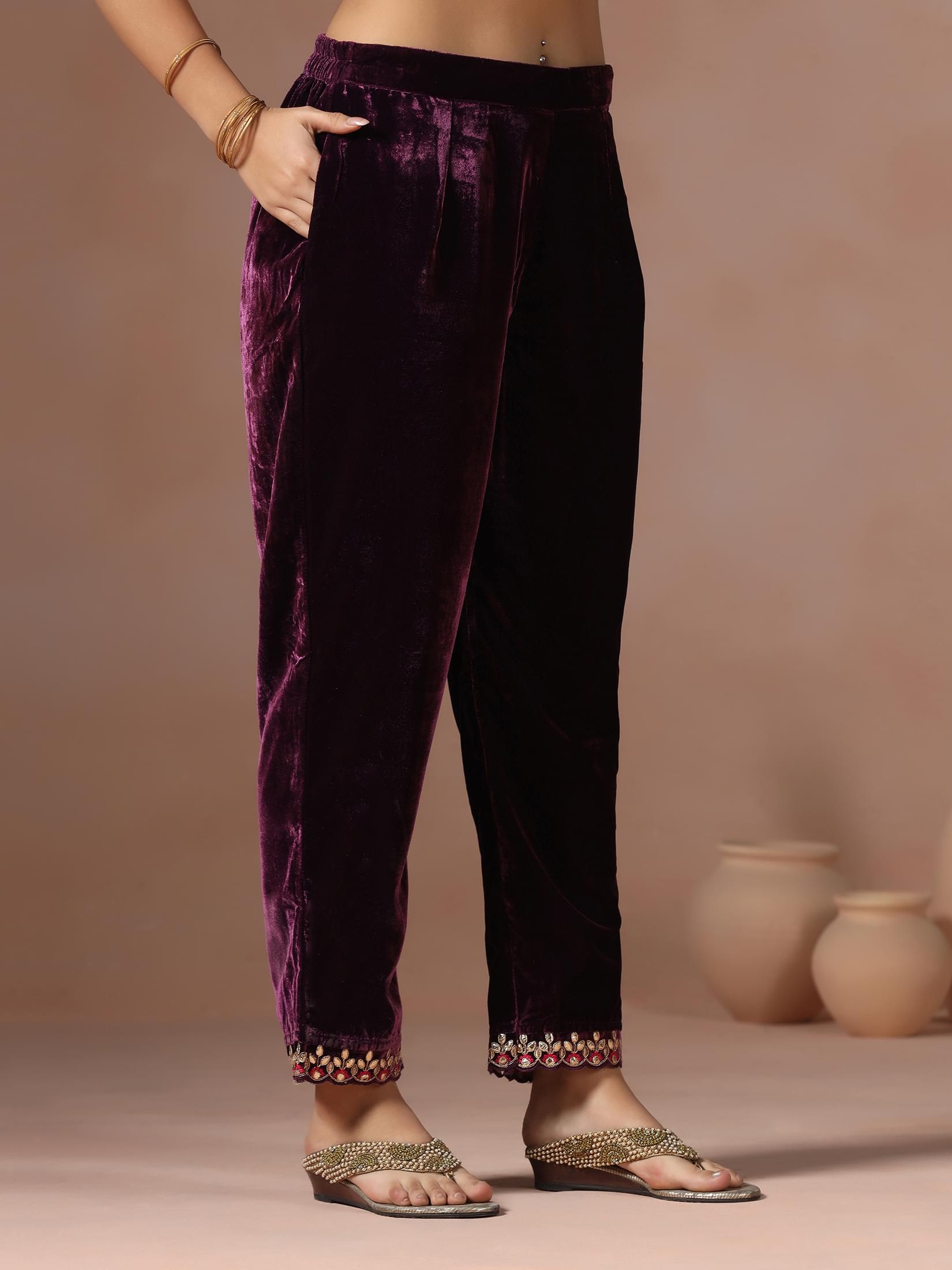 Winter Women Velvet Burgundy Embroidered Kurta Comfort Pant Dupatta.