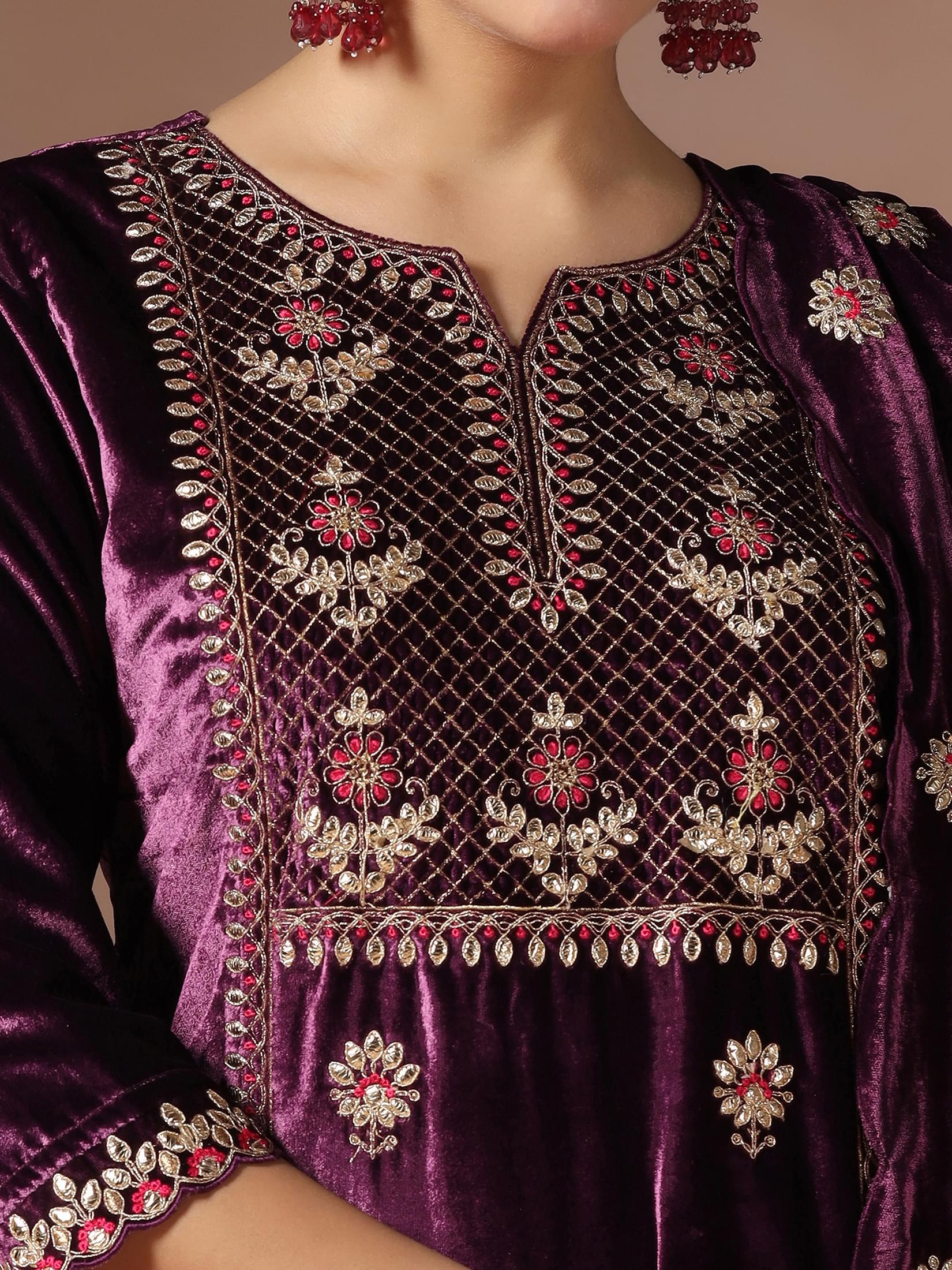 Winter Women Velvet Burgundy Embroidered Kurta Comfort Pant Dupatta.