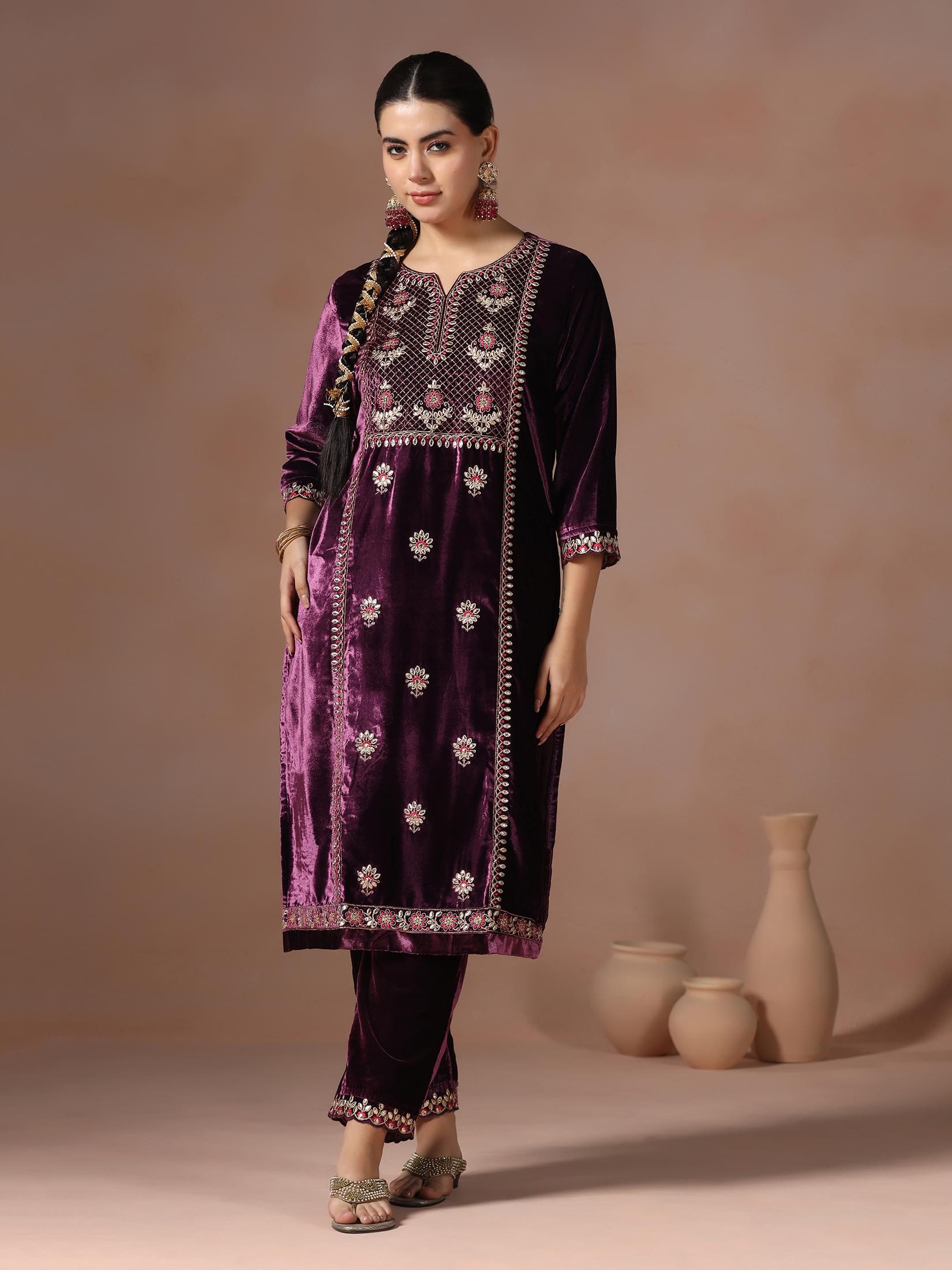 Winter Women Velvet Burgundy Embroidered Kurta Comfort Pant Dupatta.