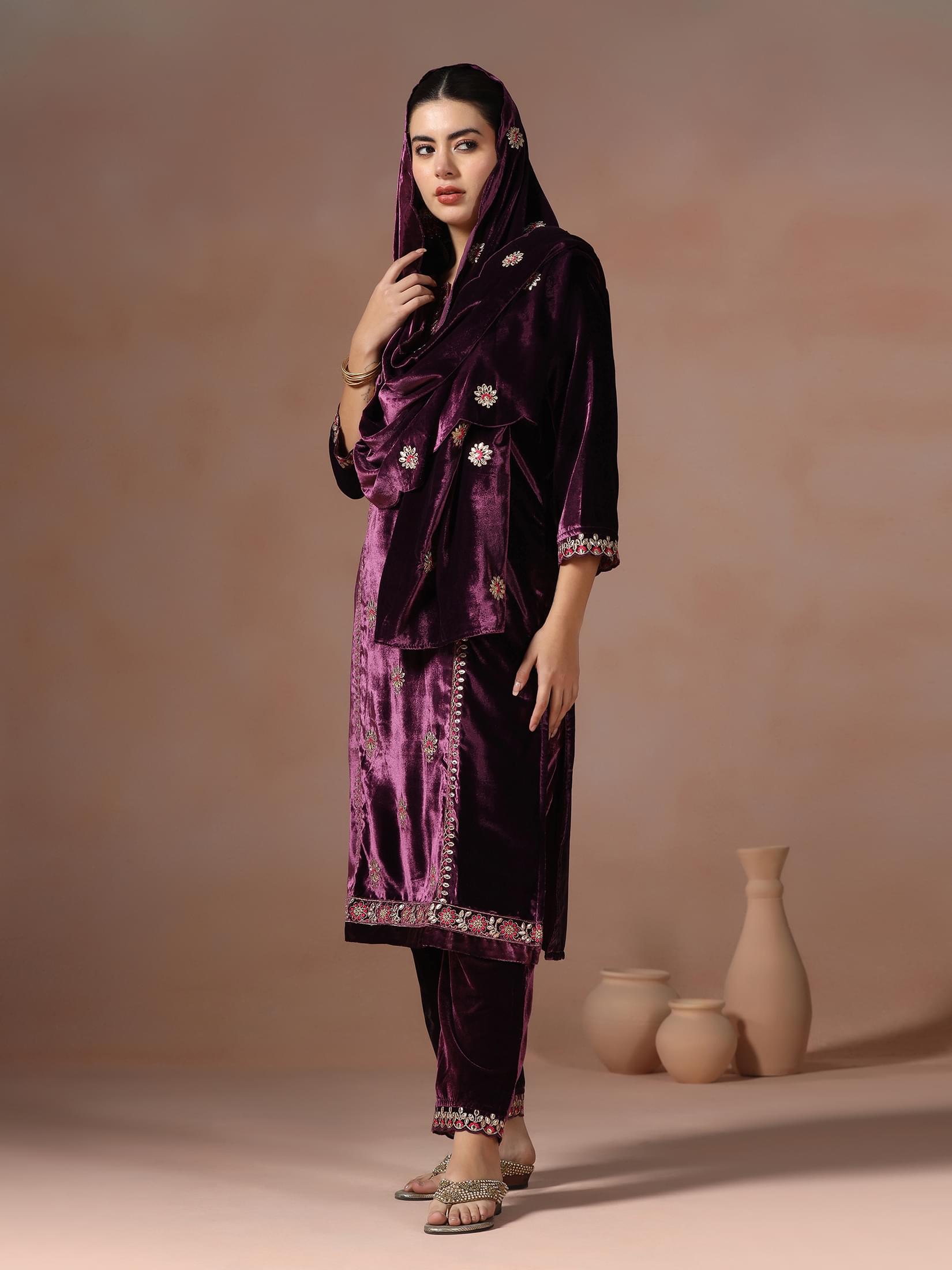 Winter Women Velvet Burgundy Embroidered Kurta Comfort Pant Dupatta.