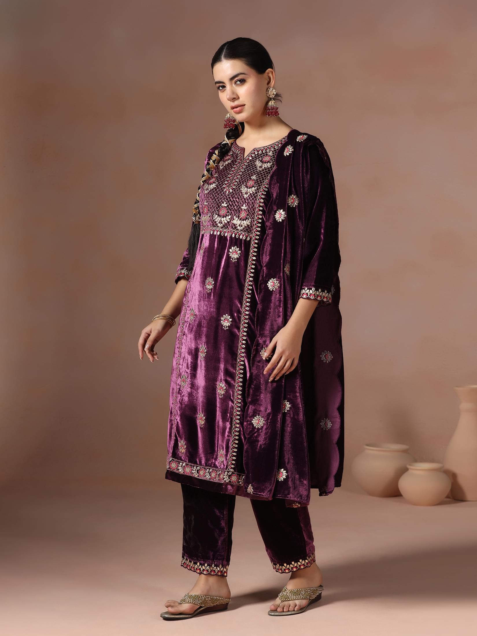 Winter Women Velvet Burgundy Embroidered Kurta Comfort Pant Dupatta.